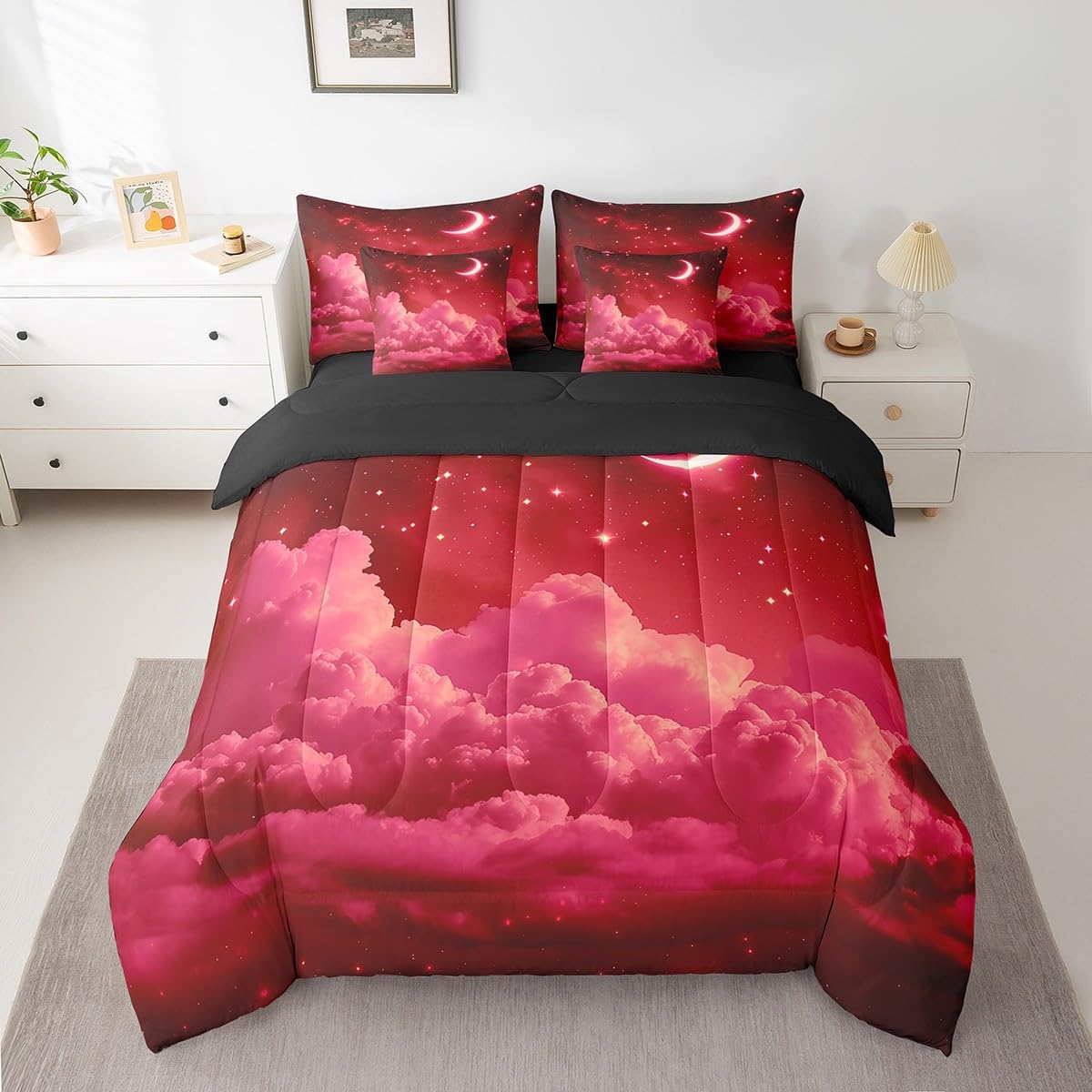 Erosebridal Red Galaxy Queen Bedding Set 7 Piece Starry Sky Bed in A Bag Stars Moon Clouds Comforter Set for Kids Boys Girls Adults Space Nebulas Sheet Set with Comforter