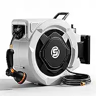 SUNPOW Retractable Garden Hose Reel - 5/8in x 65ft Heavy Duty Wall Mounted Hose Reel with 3/4in Brass Fitting & 10 Function Nozzle - Any Length Lock, Auto Rewind System, 180°Swivel Bracket - Gray