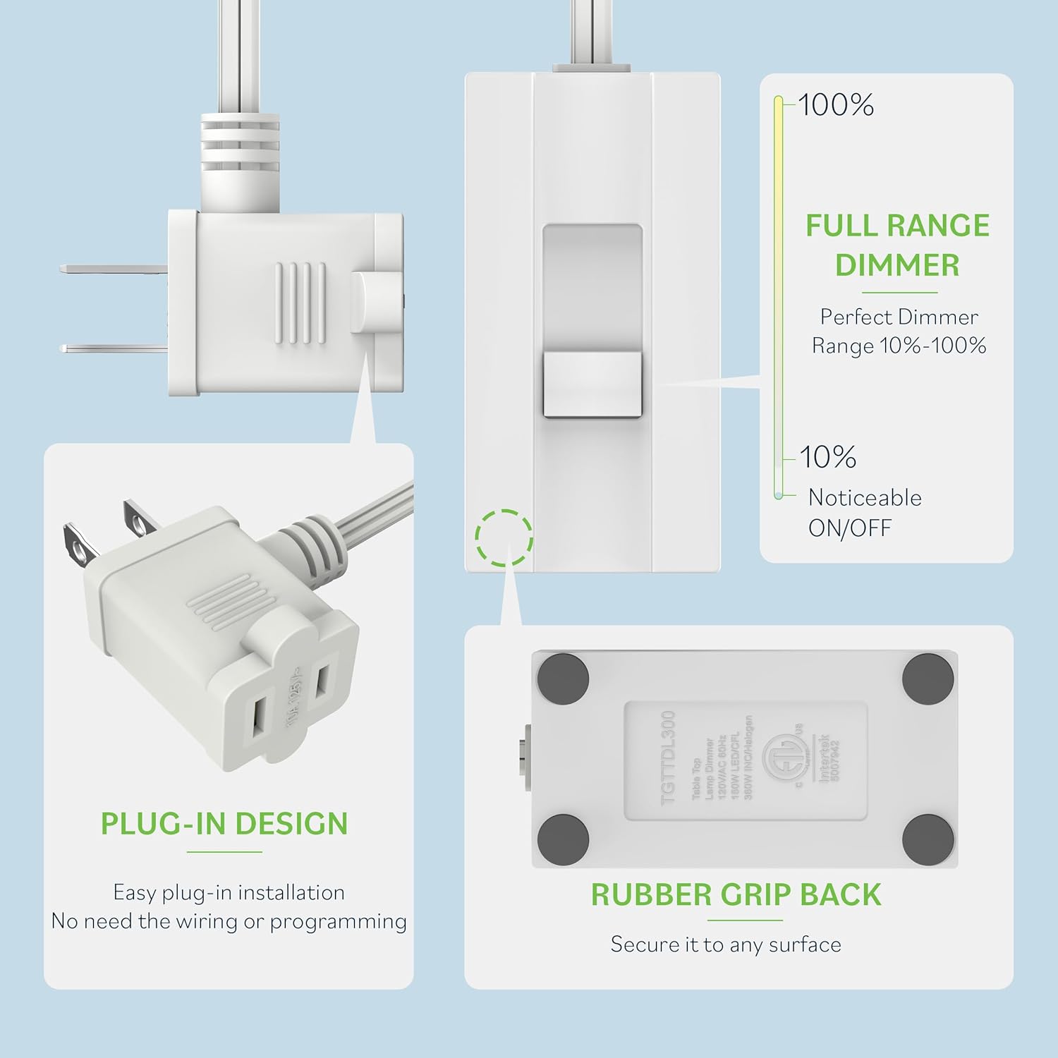 TOPGREENER Table Top Plug in Lamp Dimmer for Dimmable LED, Halogen and Incandescent Bulbs, 6.1 FT Cord, White, 2 Pack