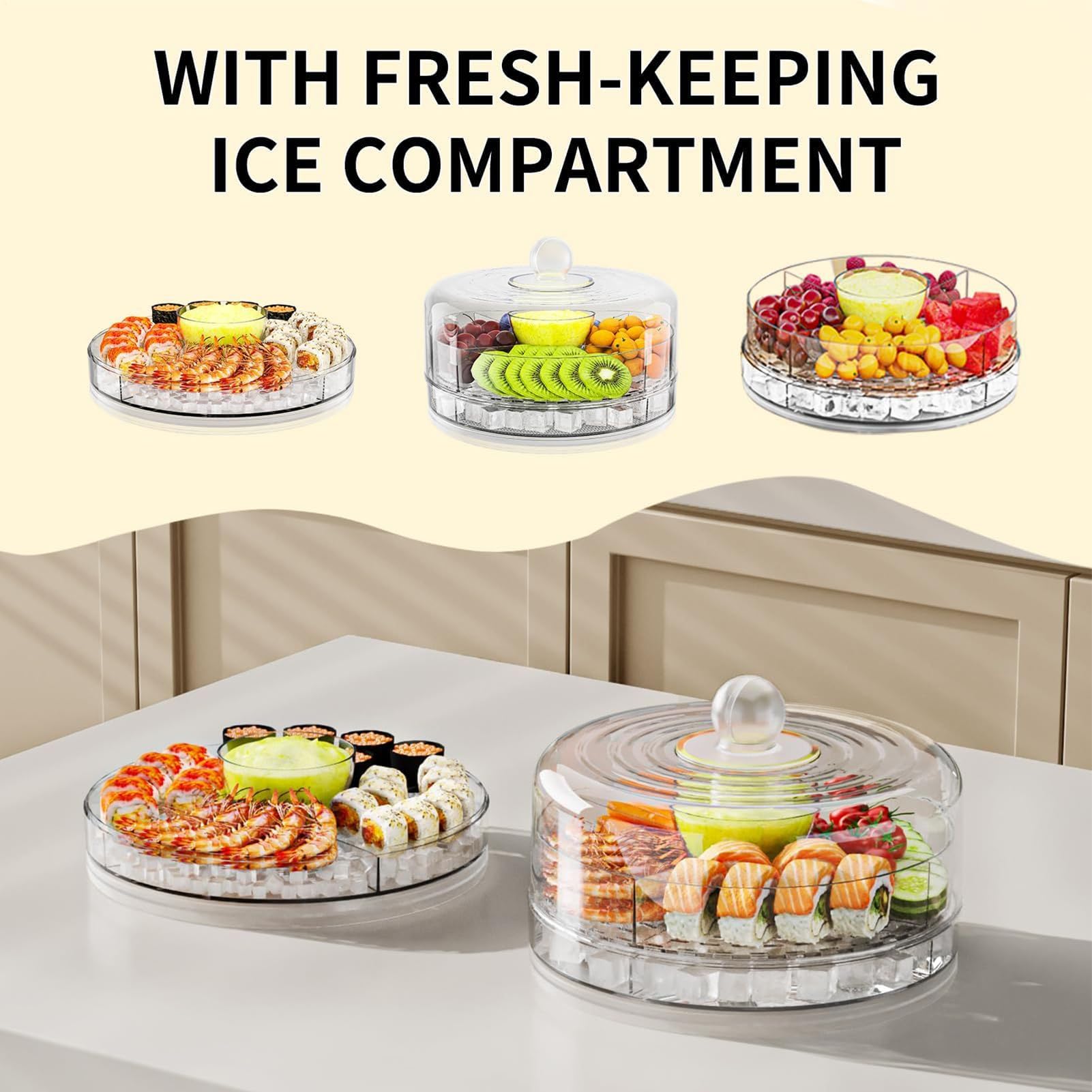 Bandeja giratoria refrigerada con tapa, servidor de aperitivos de 4 compartimentos para mariscos, picnic, camping y fiestas de cumpleaños, ideal para almacenamiento de alimentos fríos al aire libre
