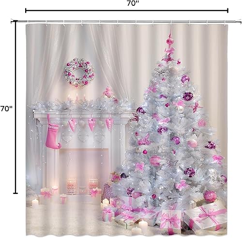 Miniatura 4 de Cortina de ducha de Navidad, árboles de Navidad, bolas rosadas, regalos de Navidad, tela para chimenea, juego de cortinas de baño con gancho (70