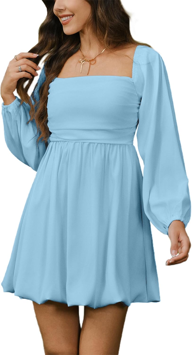 HYPERFIRE Women's Square Neck Long Sleeve Bubble Mini Dress Pleated Smocked A Line Wedding Dresses