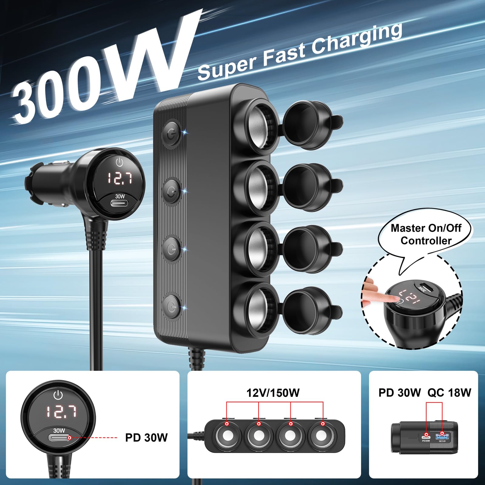 Presa Accendisigari Sdoppiatore da Auto: Qidoe 300W 4-Prese e Doppia PD 30W e QC 3.0 Adattatore Splitter per Auto con Interruttore Indipendente e LED Voltmetro per Tutti i Dispositivi dell'auto