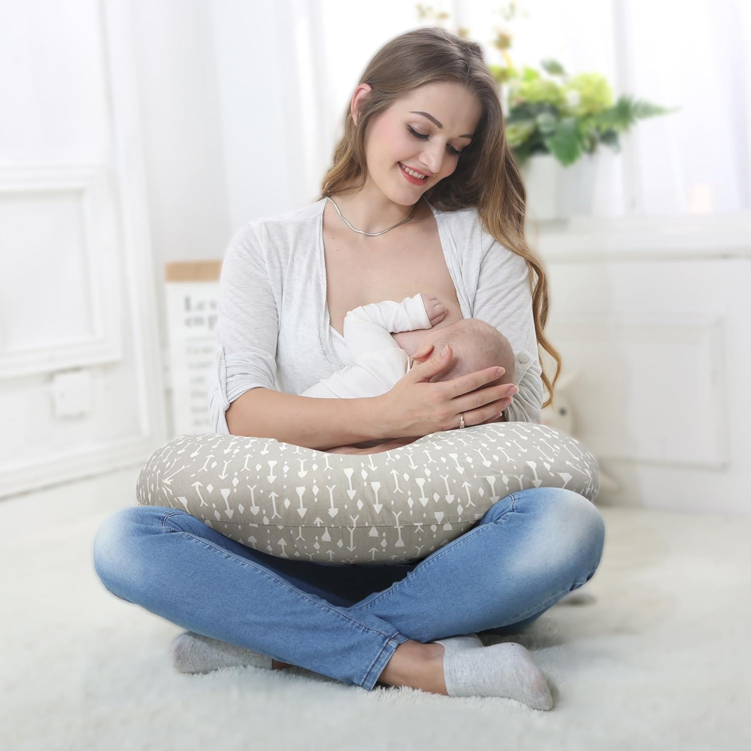 LAT Nursing Pillow for Breastfeeding,100% Cotton Removable Cover,Ergonomic Breast Feeding Pillows for Mom and Baby,Machine Washable(Gray Arrow)