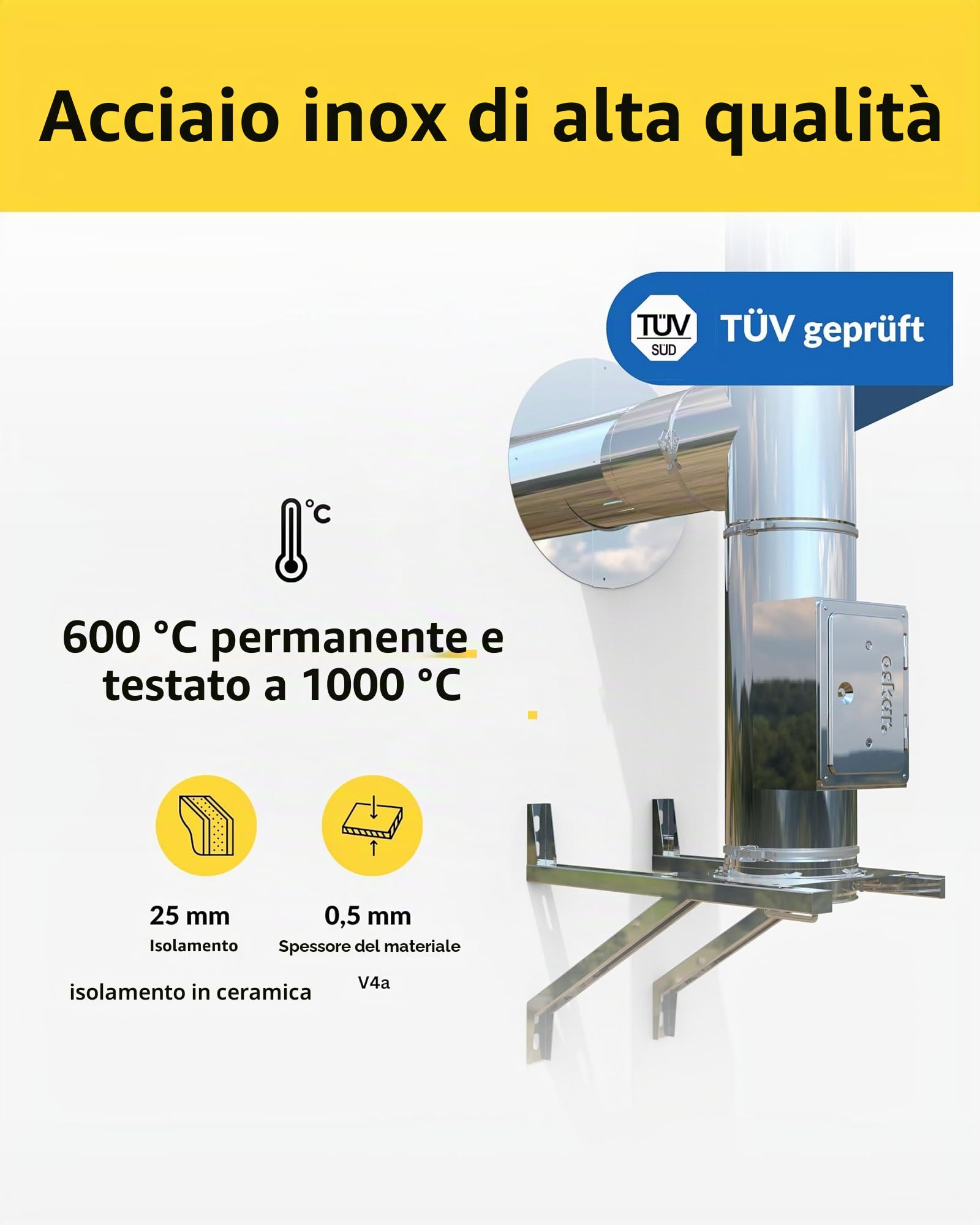 Canna fumaria Oskar inox Ø 150mm I Kit completo per camino e stufa a legna I Tutte le lunghezze I 25 mm di isolamento I 0,5 mm di spessore I Canna fumaria a doppia pareteI Distanza dal muro regolabile
