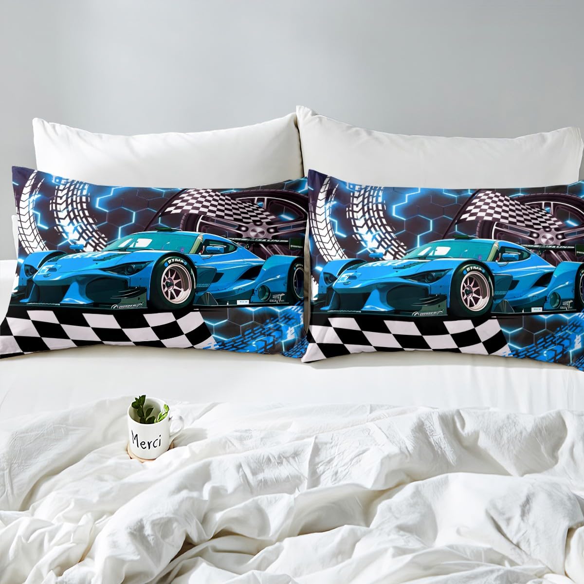 Homewish Set Copripiumino Auto Da Corsa, 155x220 Cm, Per Ragazzi, Blu E Grigio, 2 Pezzi Con Federa