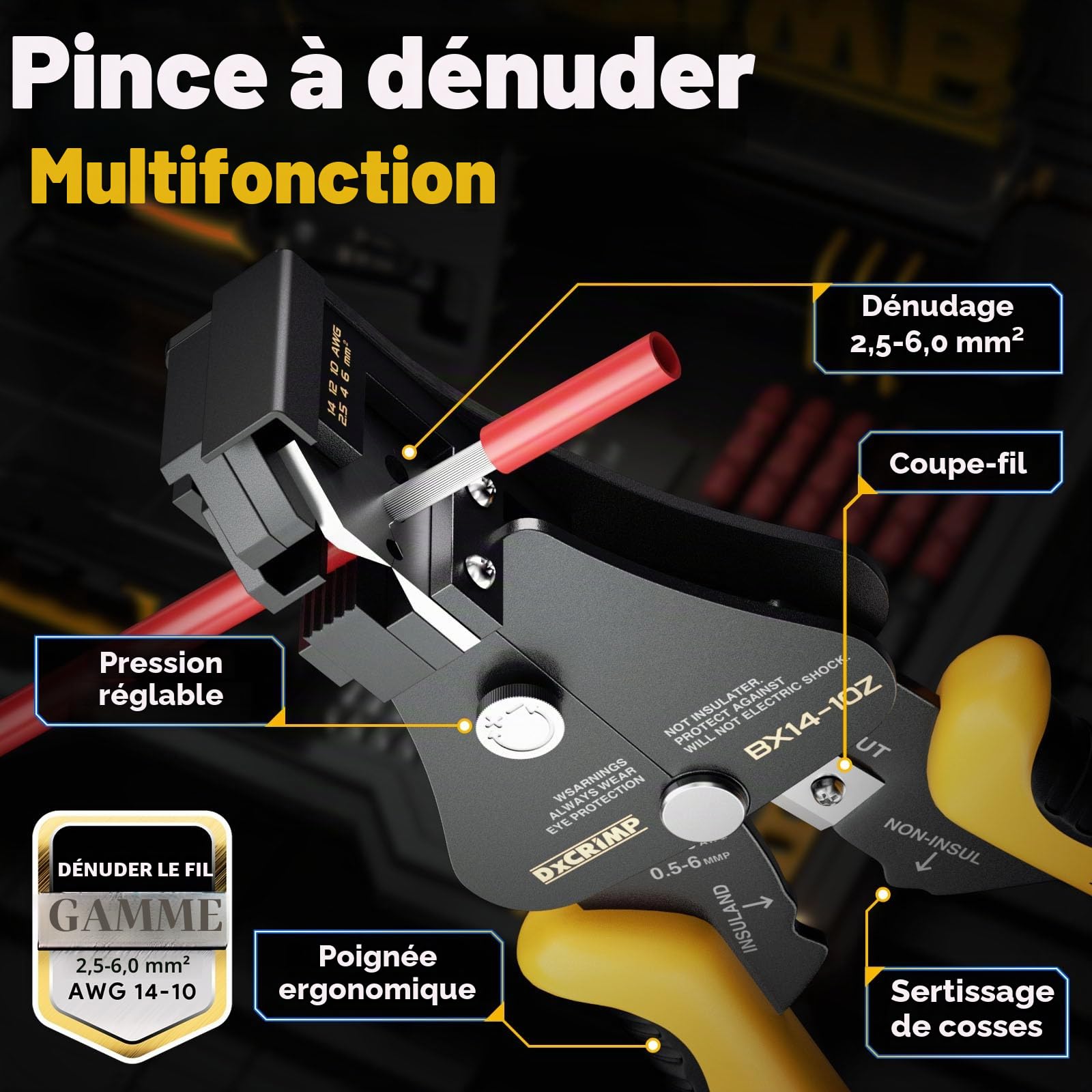 DXCRIMP GF-10Z Kit de Sertissage pour Câble Solaire 2,5/4/6 mm², Module PV, Avec Pince à Dénuder, Prise, Clé, Boîte à Outils Incluse