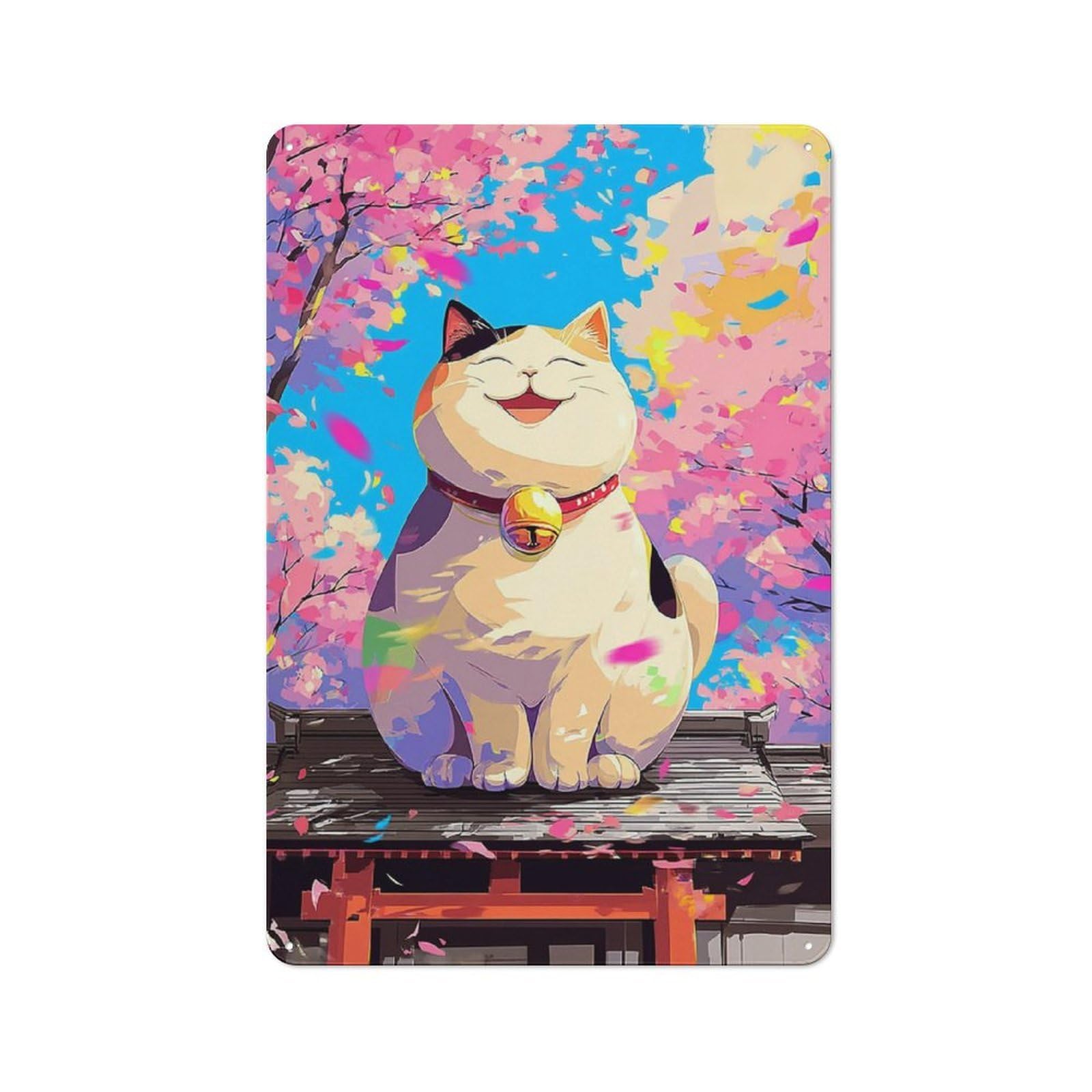 Junmoney Cherry Blossom Festival Cat Classic Metal Wall Decor 30X20cm, Decorative Tin Plaque For Cafe, Pub, Workshop Or Home Bar