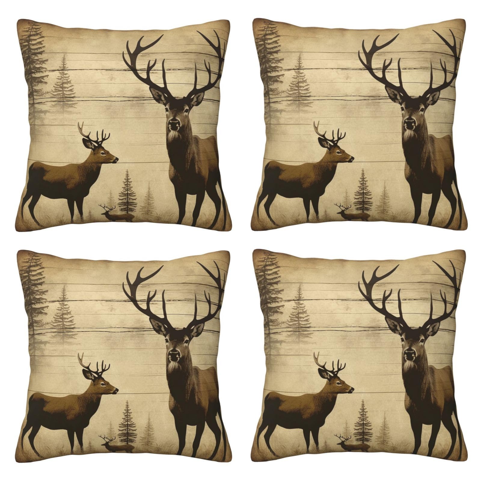 Rustic Deer Throw Pillow Cases 4 Pack Square Pillowcases Super Soft Pillow Protectors With Zipper for Couch Livingroom Sofa Bed Office Car,45x45 CM