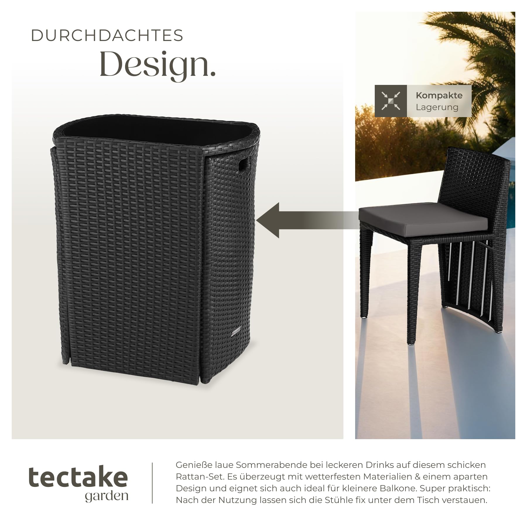 tectake® Poly Rattan Bistroset mit Aluminium Gestell, platzsparend zusammenschiebbar, Gartenmöbel Set mit 2 Stühlen & Tisch, Outdoor Möbel, Sitzgruppe für Garten Wintergarten Balkon Terrasse - schwarz