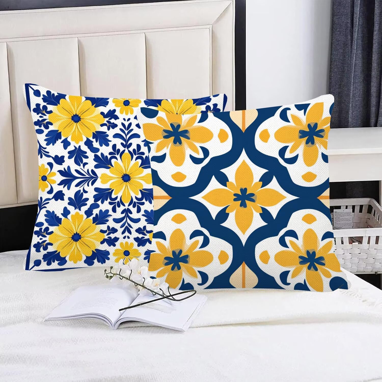 Housse Coussin 45 x 45 cm Lot de 4 Coussin Canape Rural Bleu Decoration Canapé d'extérieur, avec Fermeture éclair Caché, Imperméable Lin Coussincarré pour Extérieur Maison Chaise Jardin Salon m-486