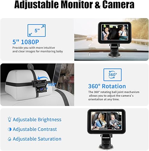 Miniatura 6 de Cámara de coche para bebé, doble canal de 5 pulgadas, 1080P, monitor infantil con 2 cámaras de visión nocturna IR y ángulo de visión amplio de 150