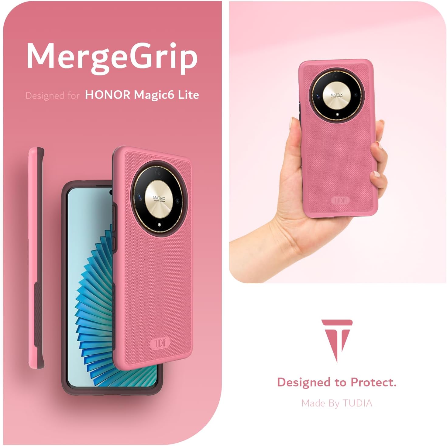TUDIA DualShield Grip Compatible with Honor Magic 6 Lite Case 5G (2024) / Honor X9b Case, [MergeGrip] Military Grade Dual Layer Shockproof Slim Tough Heavy Duty Protective Phone Case - Smokey Pink