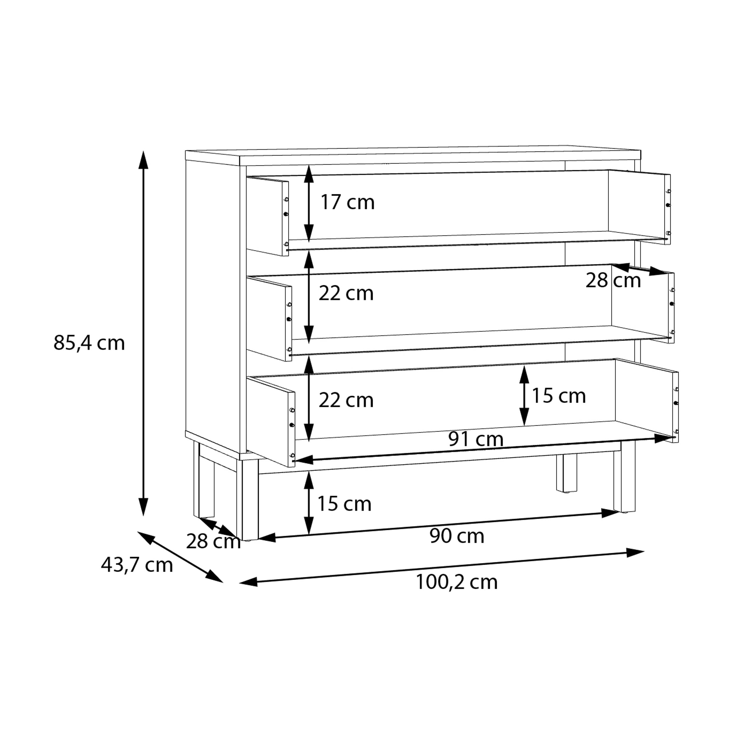 Forte PENKRIDGE Elegante Kommode 100, Kommode mit 3 Schubladen, Modernes Sideboard, Secret Grey/Schlammeiche Holzdekor, 100,2 cm breit x 85,4 cm hoch x 41,7 cm tief