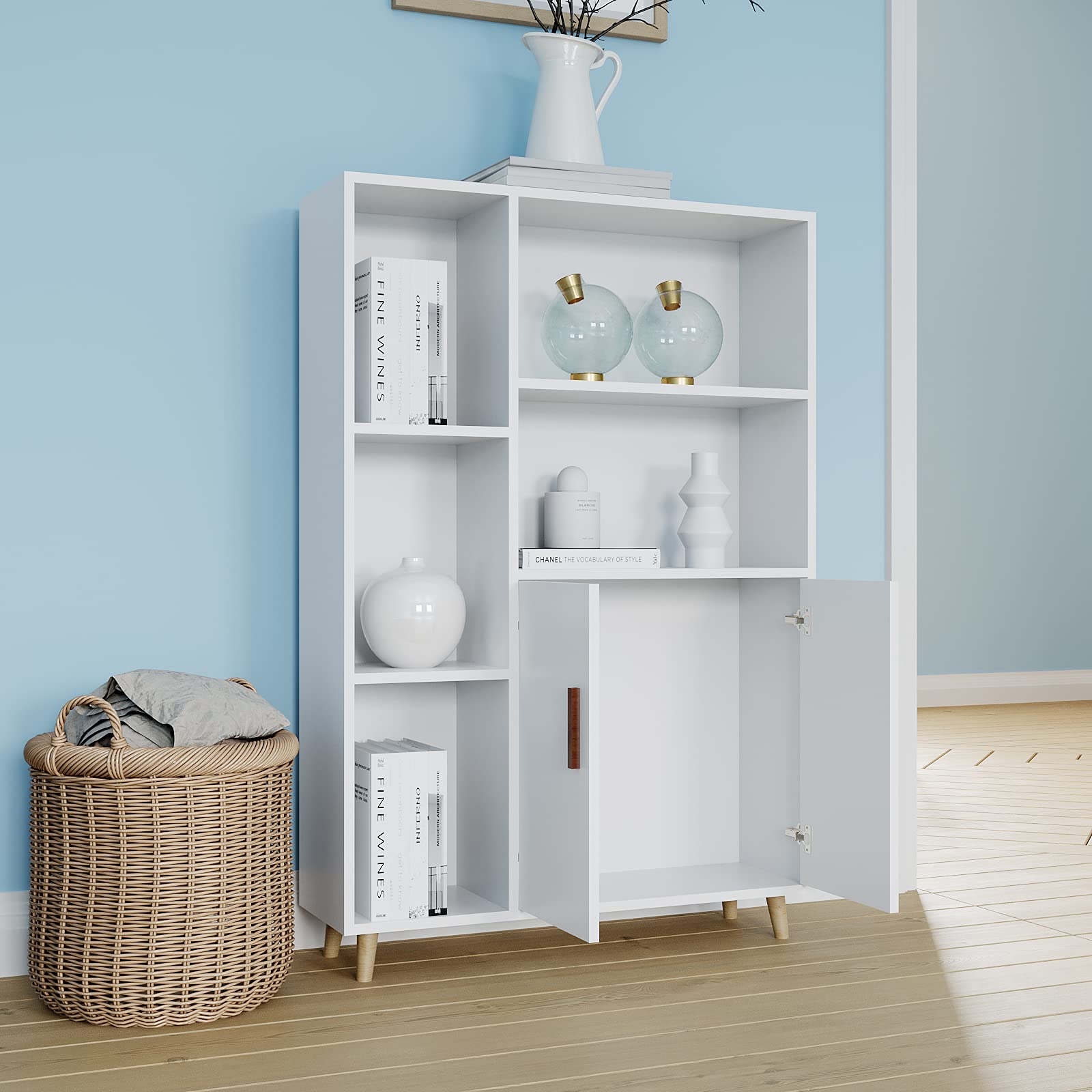 Panana Display Cabinet Show Shelves Living Room Wooden Bookcase with 2 Doors (2 Doors 5 Shelves)
