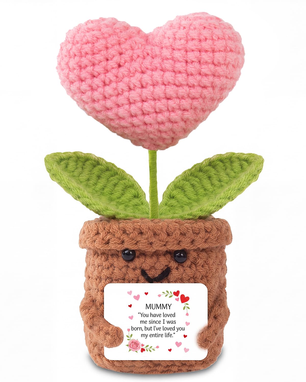 Aruigu for Mum, Hand-crocheted heart-shaped flower pot with Card, Happy Mother’s Day from Son Daughter Children Kids- Knitted Decor (Roses MUMMY) — image 1