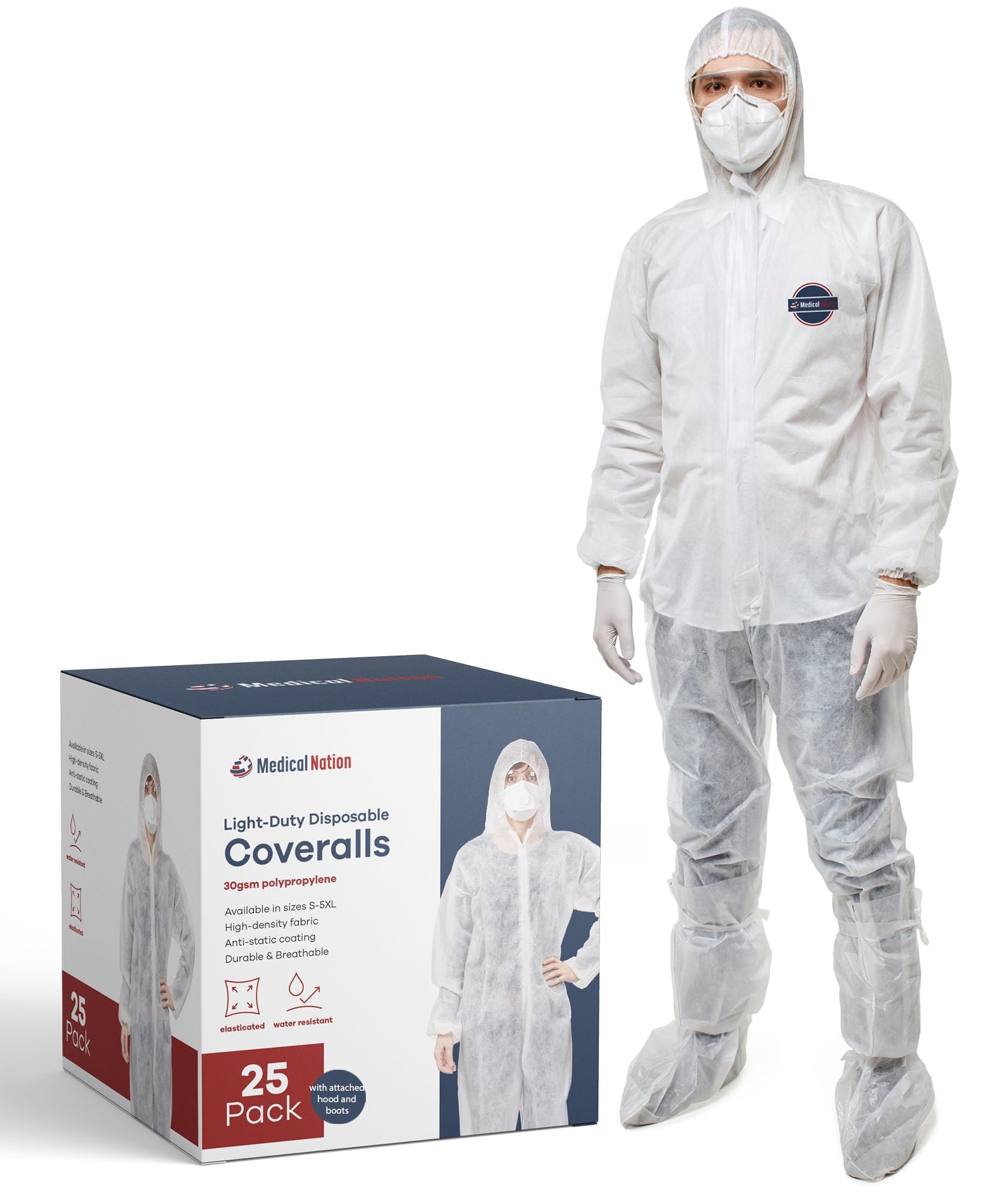 Hazmat Suits Disposable | 25 Pack | Light Duty Disposable Coveralls Men | with Attached Hood and Boots - Overall Protective Chemical Suit for Men & Women, Disposable Paint Suit -XL