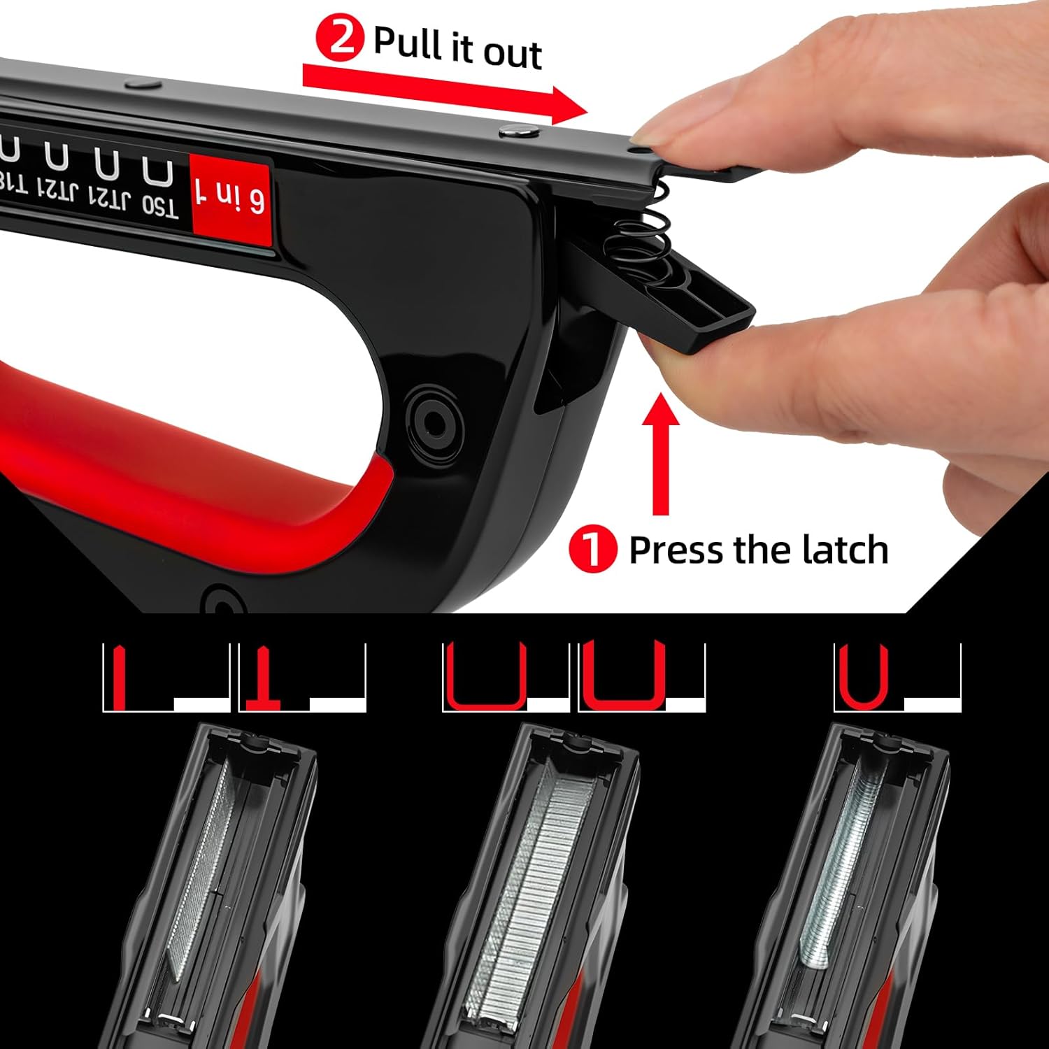 Hand pressing the latch and pulling out the staple pusher rod from the rear of the staple gun
