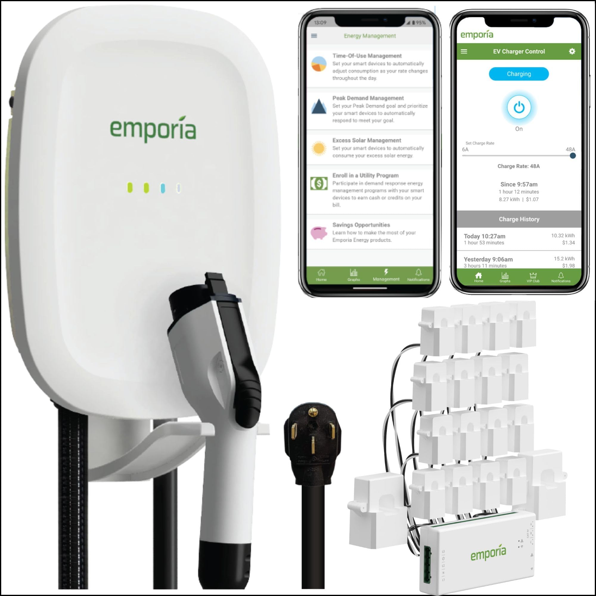 Smart 48 Amp Level 2 EV Charger with Home Energy Management System, Smart Home Energy Monitor with 16 Circuit Level Sensors