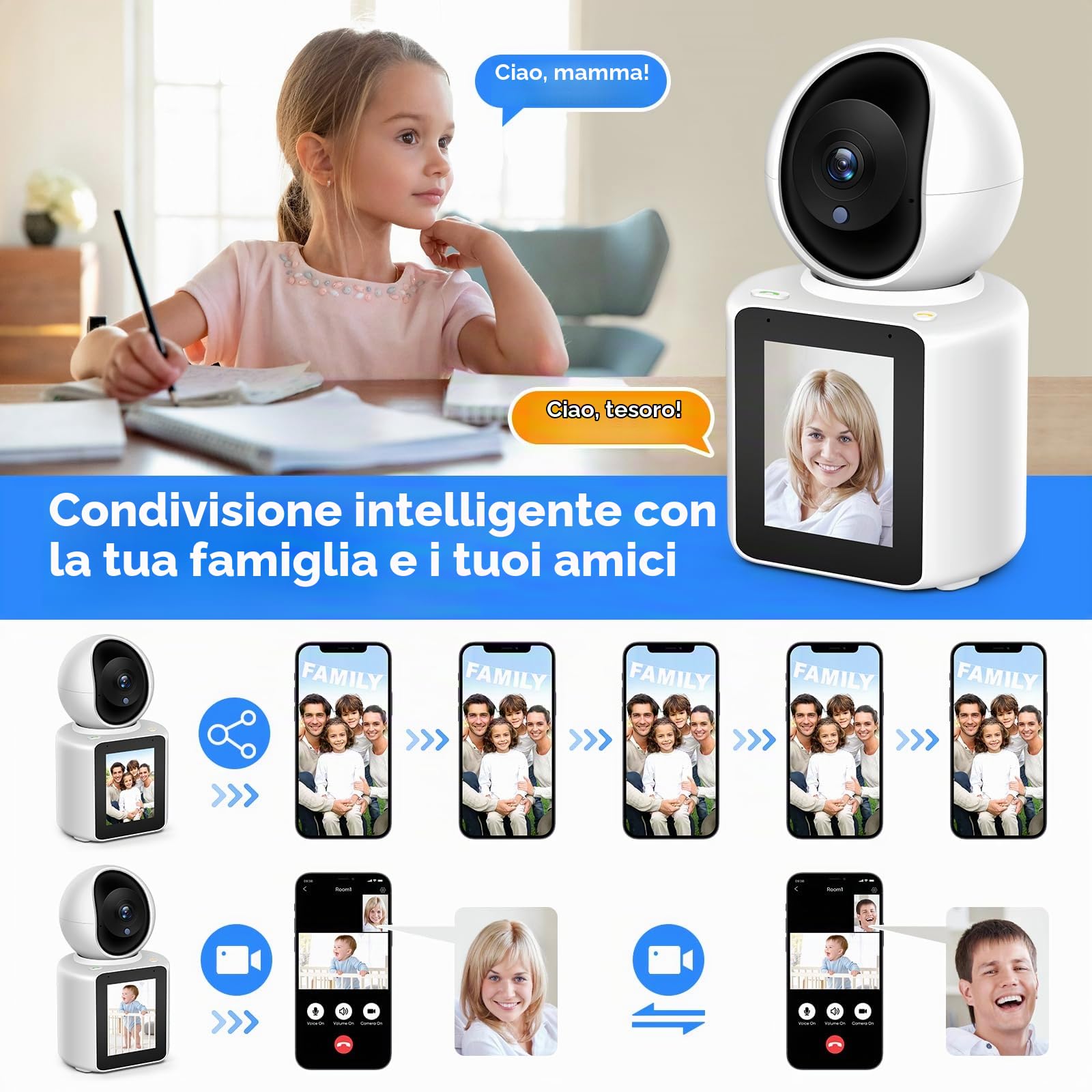 MYPIN Telecamera WiFi Interne 2K 360°, con video/audio Bidirezionale | Videocamera Sorveglianza Interno WiFi, Inclinazione, Visione Notturna, Rilevamento di Movimento per Cani/Casa/Bambini