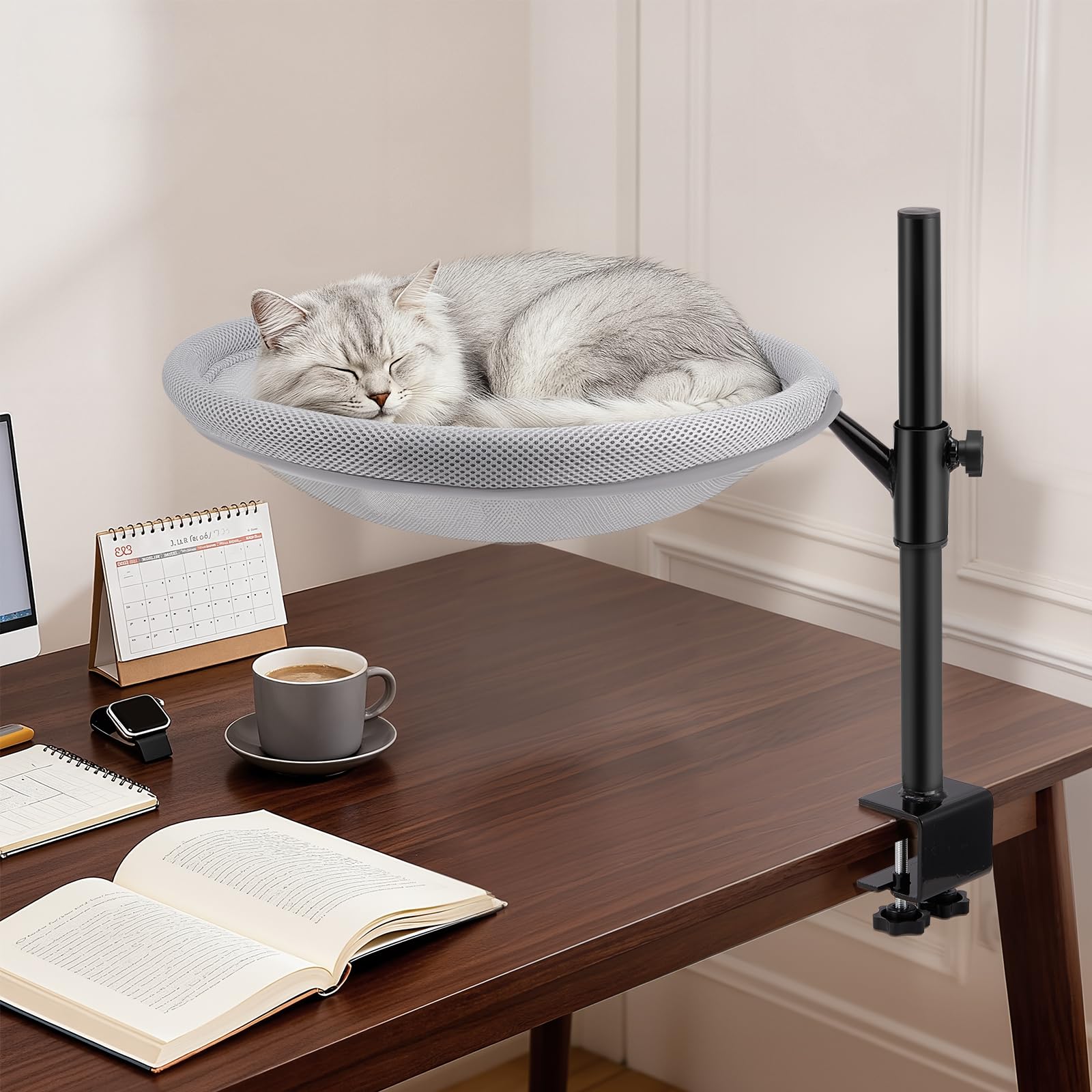 Lit de Bureau pour Chat, Panier Chat Bureau avec Rotation à 360° Hauteur Réglable, Tissu en Maille, Housse Lavable, Desk Bed for Cats pour Bureau à Domicile, Jusqu'à 19 kg (42 lbs)