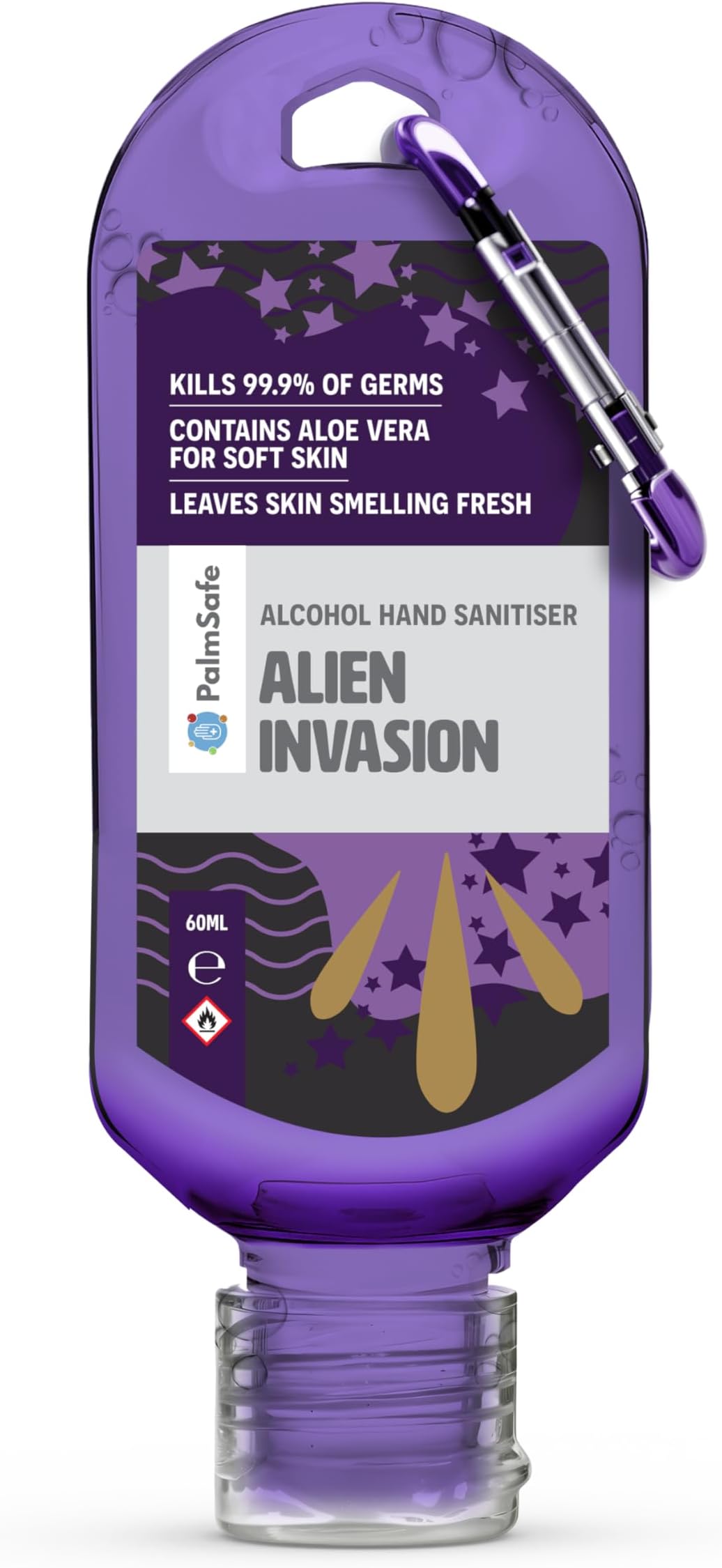 Alien Invasion 60ml Anti Bacterial Premium Hand Sanitiser Travel Size Refillable Clip Bottle Quick Drying Non Sticky Extra Moisturising Kills 99.9% of Viruses