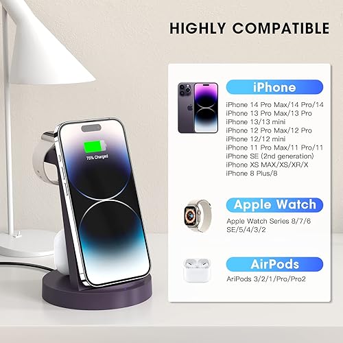 Miniatura 8 de Estación de carga 3 en 1 para iPhone, cargador inalámbrico para productos Apple, múltiples dispositivos, soporte de carga para AirPods (para iPhone