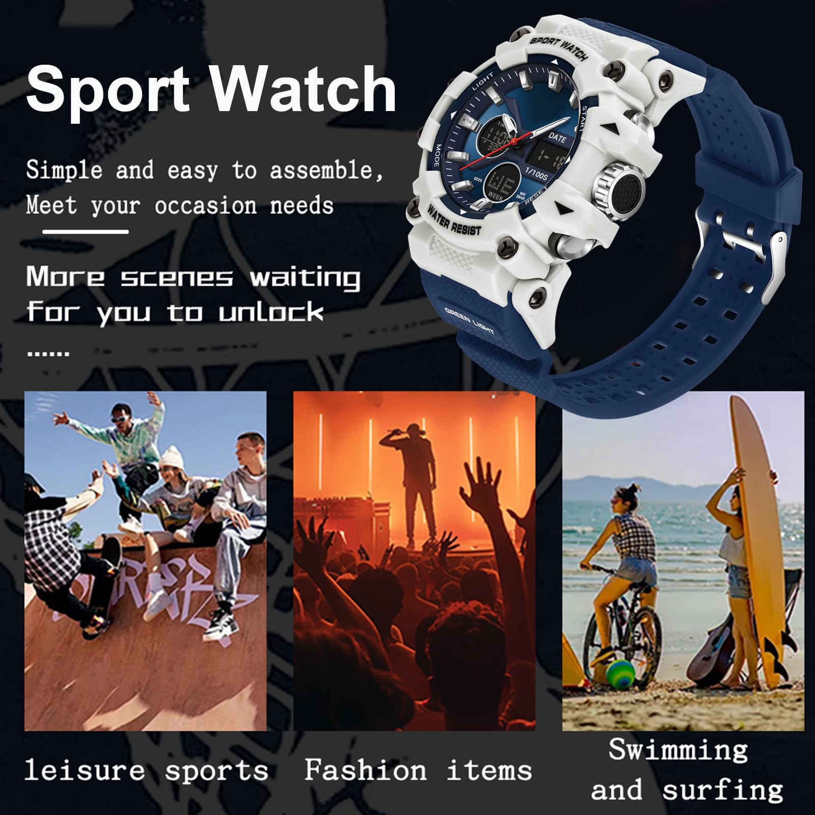 Montre militaire pour homme - Montre numérique - Analogique - Pour homme et garçon - Multifonction - Réveil - Montre militaire - Montre numérique LED - Étanche jusqu'à 5 ATM