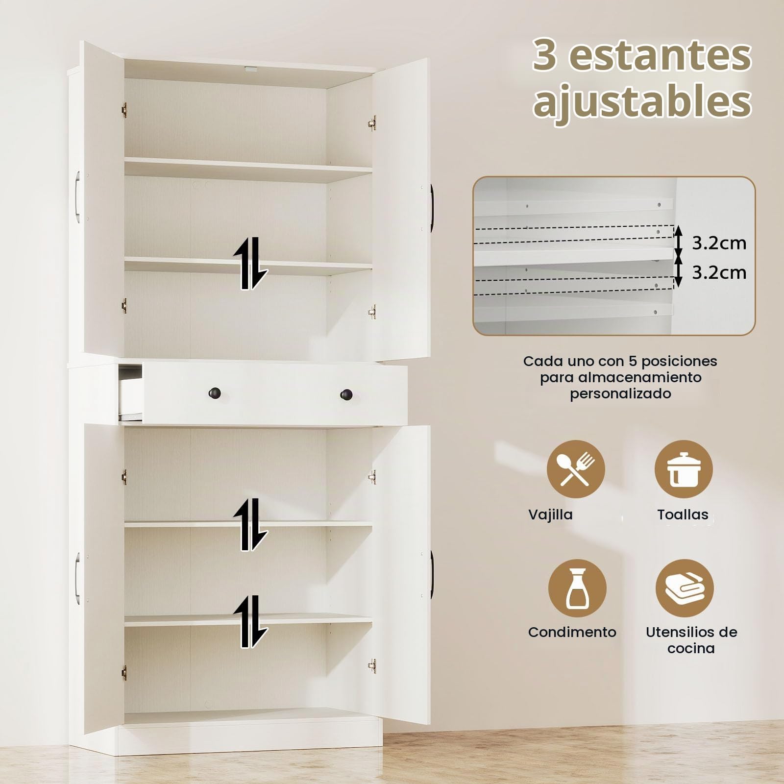 KOMFOTTEU Aparador de Cocina Alto, Armario Buffet con 4 Puertas, Cajón y 3 Estantes Ajustables en 5 Posiciones, Alacena de Almacenamiento con Dispositivo Antivuelco, 77 x 39 x 183 cm, Blanco