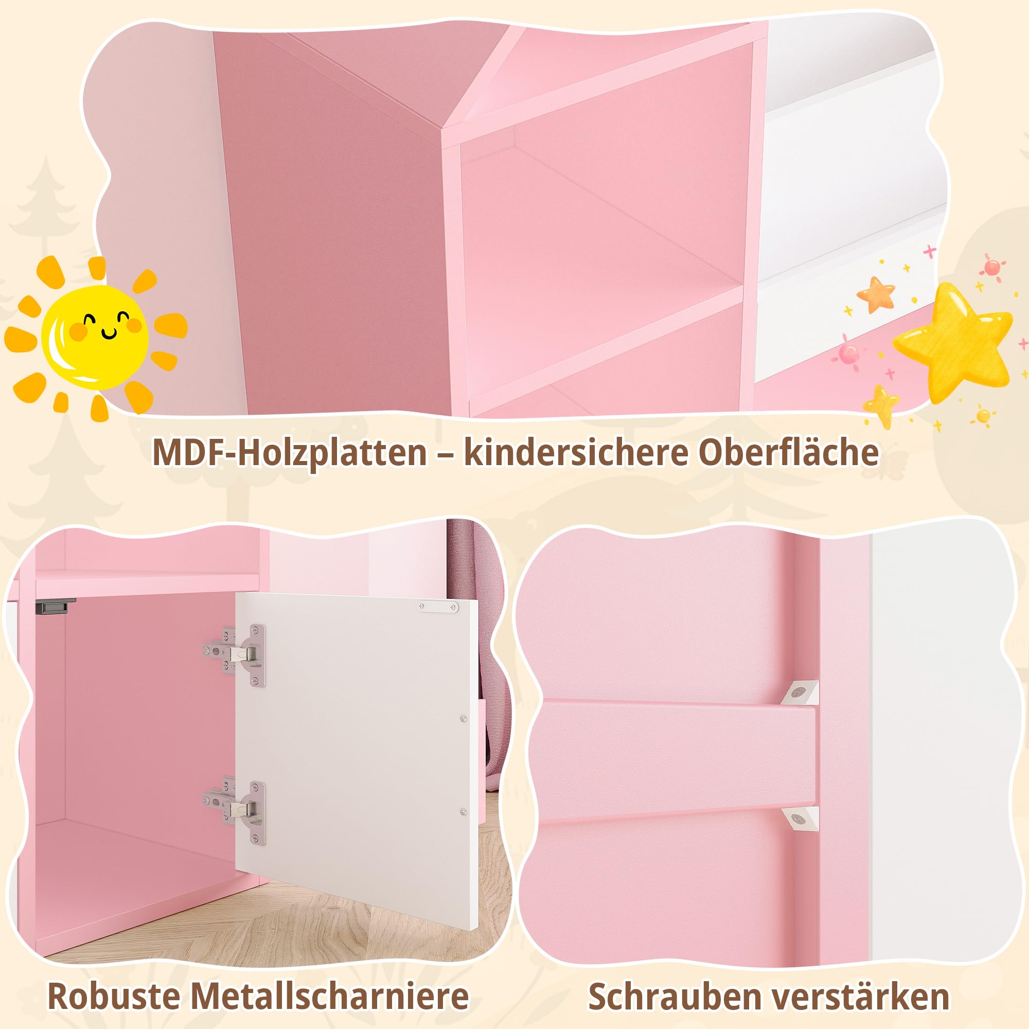 IRONCK Kinderregal, Bücherregal Kinder mit 4 Türen, Spielzeugregal Holz, Burgendesign Aufbewahrungsschrank, Spielzeugschrank, Kinderzimmer Möbel, 10 offene Regalböden, 123.5x33x127cm (Rosa)