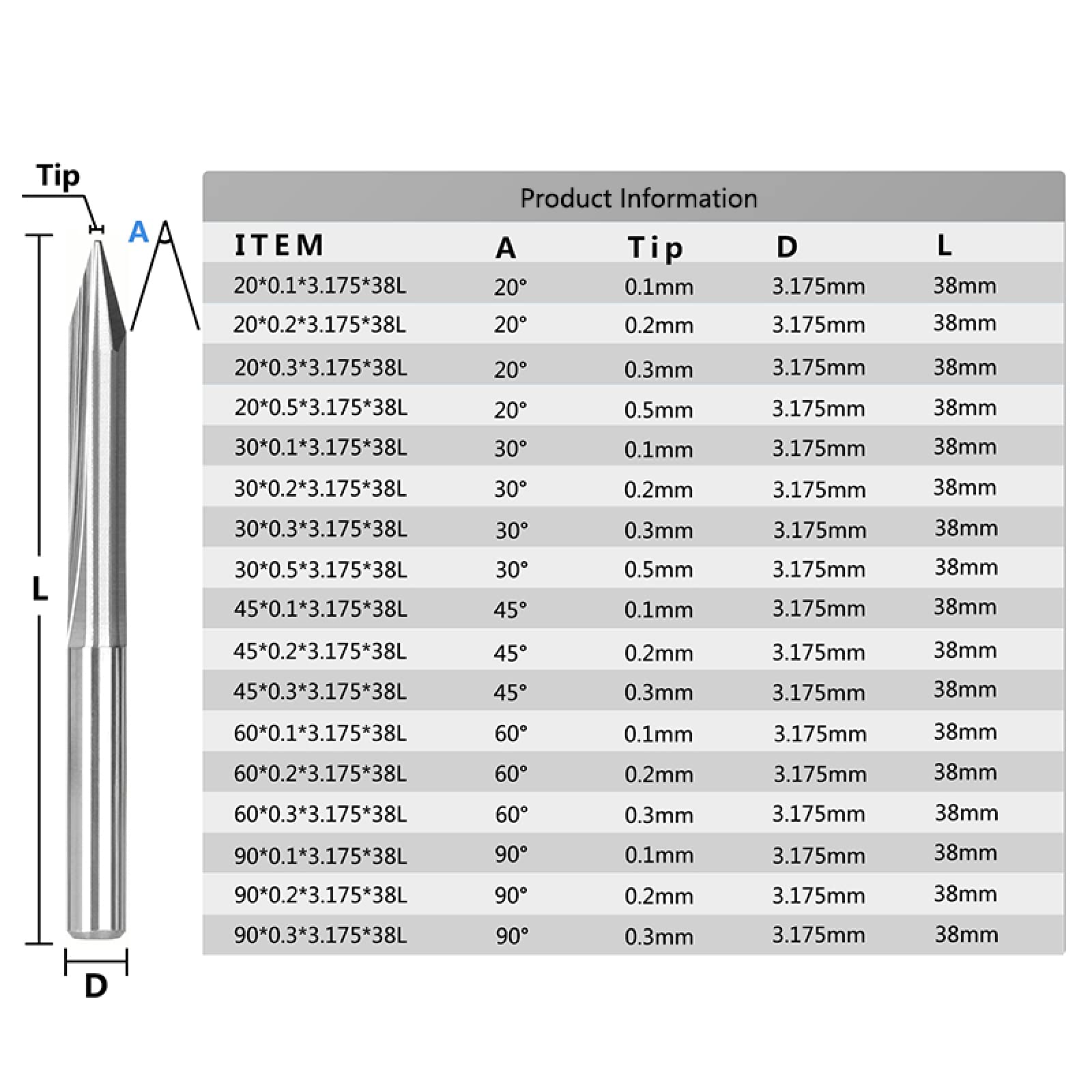 10 Punte Da 3,175 Mm Con Gambo A 2 Scanalature Dritte A V Fresa Fresa CNC,10 Pezzi 90Dx0.2