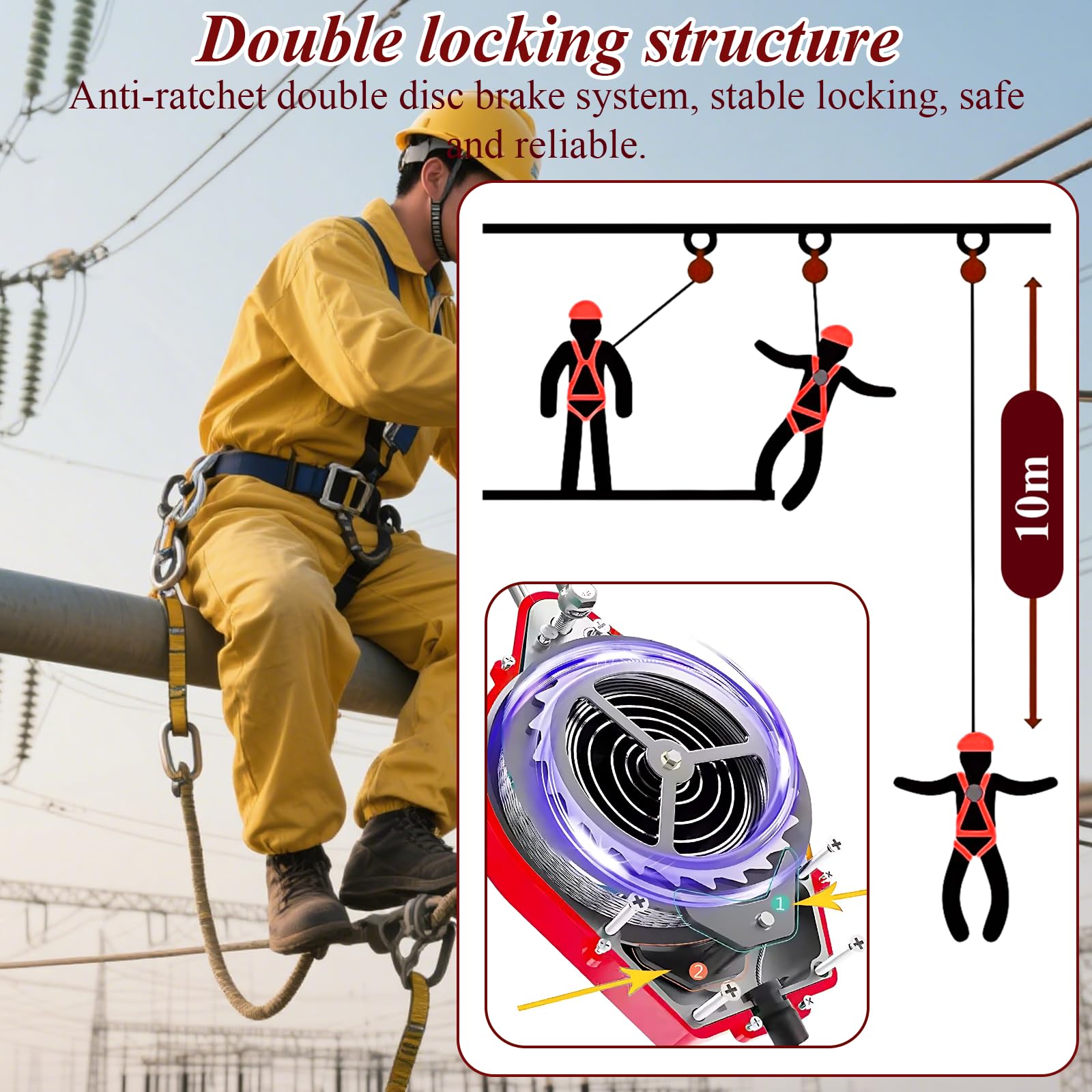 Dispositivo Anticaidas Retráctil, Rojo Linea de Vida Retractil Homologado 200 KG, 10m Arnés de Seguridad Anticaídas Retráctil Trabajo en Tejados/Altura(Rojo - 2 Piezas,10m)