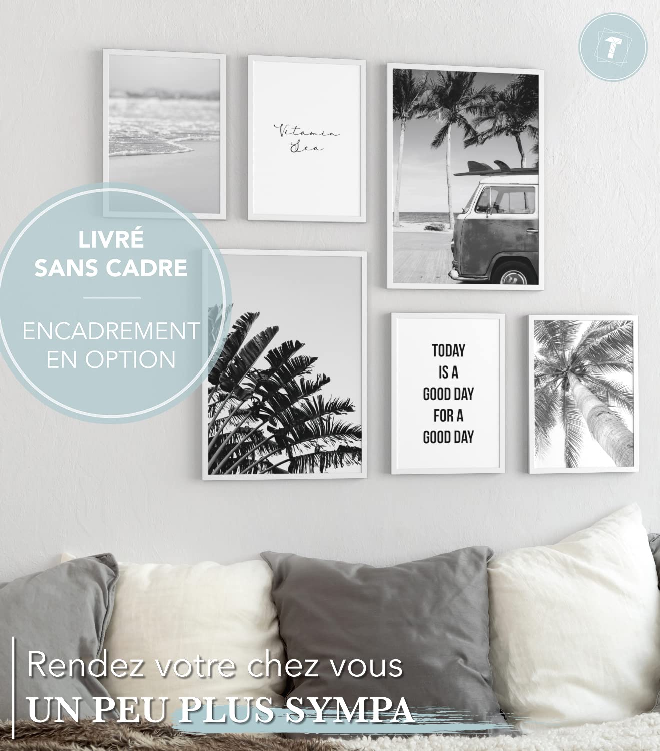 Papierschmiede Set Mood Posters Beach Noir Et Blanc - Décoration Murale Élégante Salon, Chambre, Bureau | 2x A4 + 4x A5 Plage Palmier Vacances