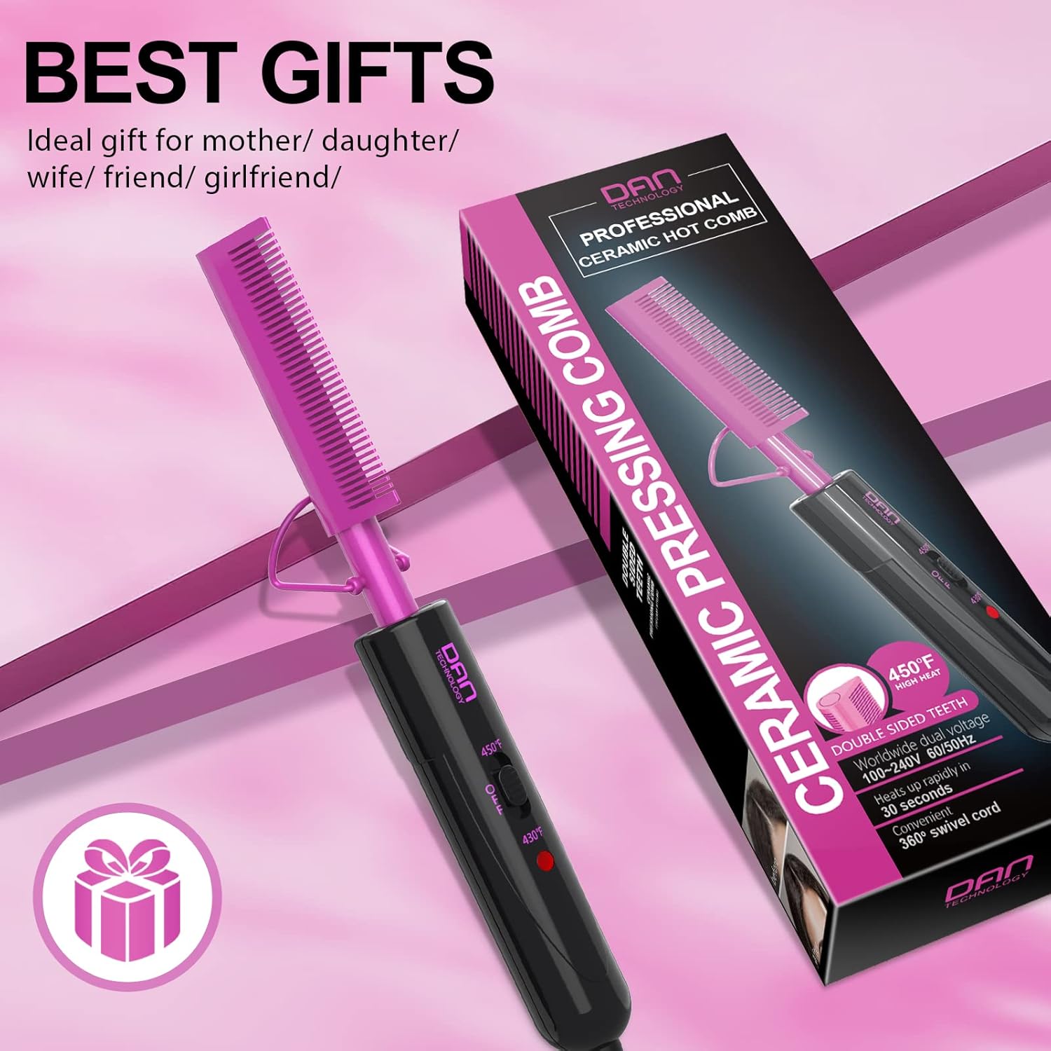 DAN Technology Dual Voltage Hot Comb for Wigs, Black Hair & Baby Hair, Ceramic Pressing Comb with Fine Back Teeth for Edges 30s Fast Heating Electric Straightener (430/450°F) Anti-Scald Folding Stand - Image 7