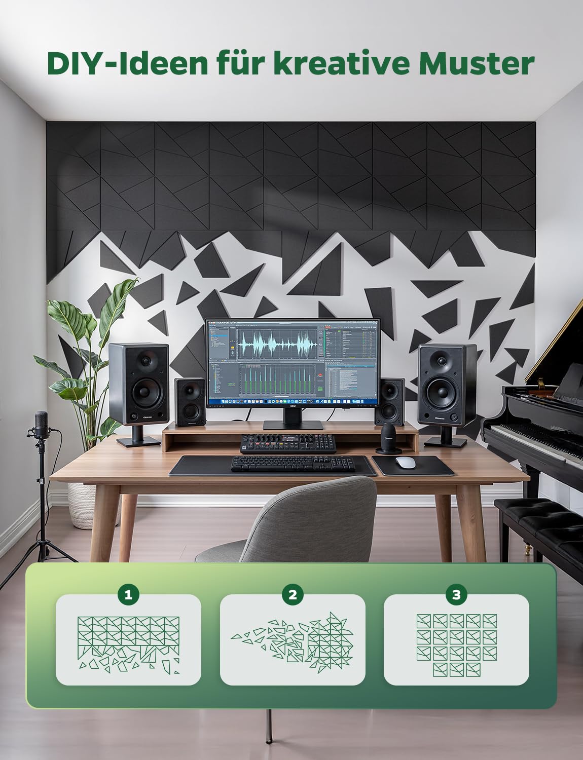 18 Stück Akustikplatten Selbstklebend, Akustik Schallabsorber Panels für Wand & Gaming Zimmer mit Liniendesign & Zuschneidbar | Acoustic Akustikplatte für Studio, Tür & Wall (Schwarz, 30x30x0,9cm)
