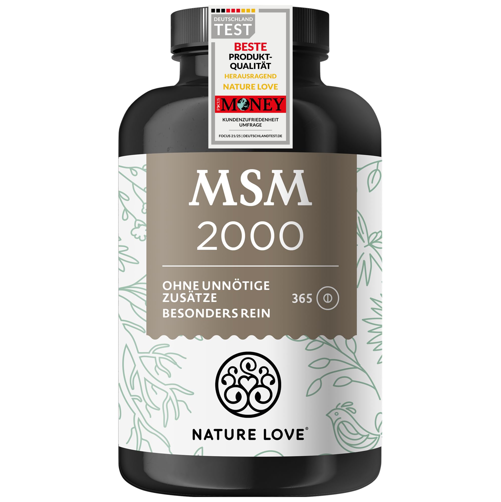 NATURE LOVE® MSM 2000mg mit Vitamin C - 365 laborgeprüfte Tabletten - Kompakteres MSM Pulver als bei Kapseln - Ohne Zusätze, hochdosiert, vegan, in Deutschland produziert