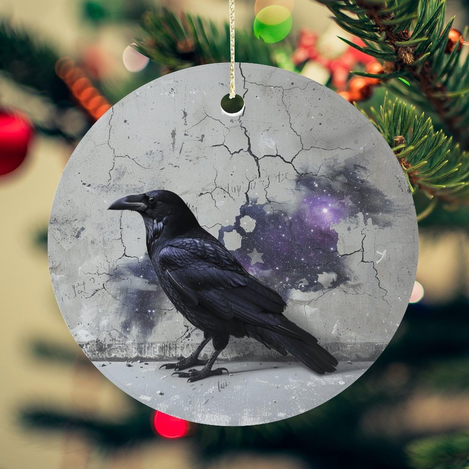 Crow on The Ground Christmas Ornament for Christmas Tree Ceramic Round Ornament Winter Holiday Keepsake Gift 2.7" Christmas Tree Hanging Decorations Circle Ceramic Pendant Xmas Gift
