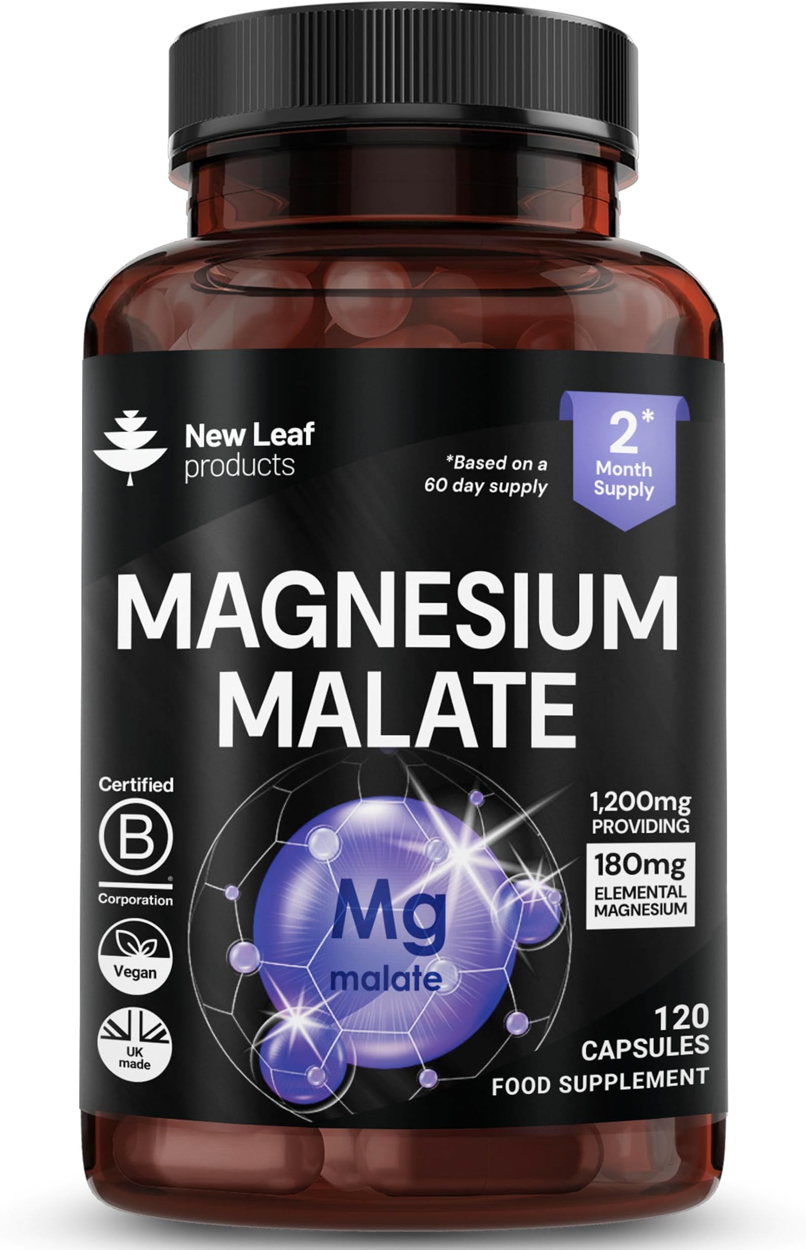 Magnesium Supplements 1200mg - Pure Magnesium Malate Capsules - Bones & Sleep Support - High Absorption Elemental - Vegan High Strength - 2 Months Supply