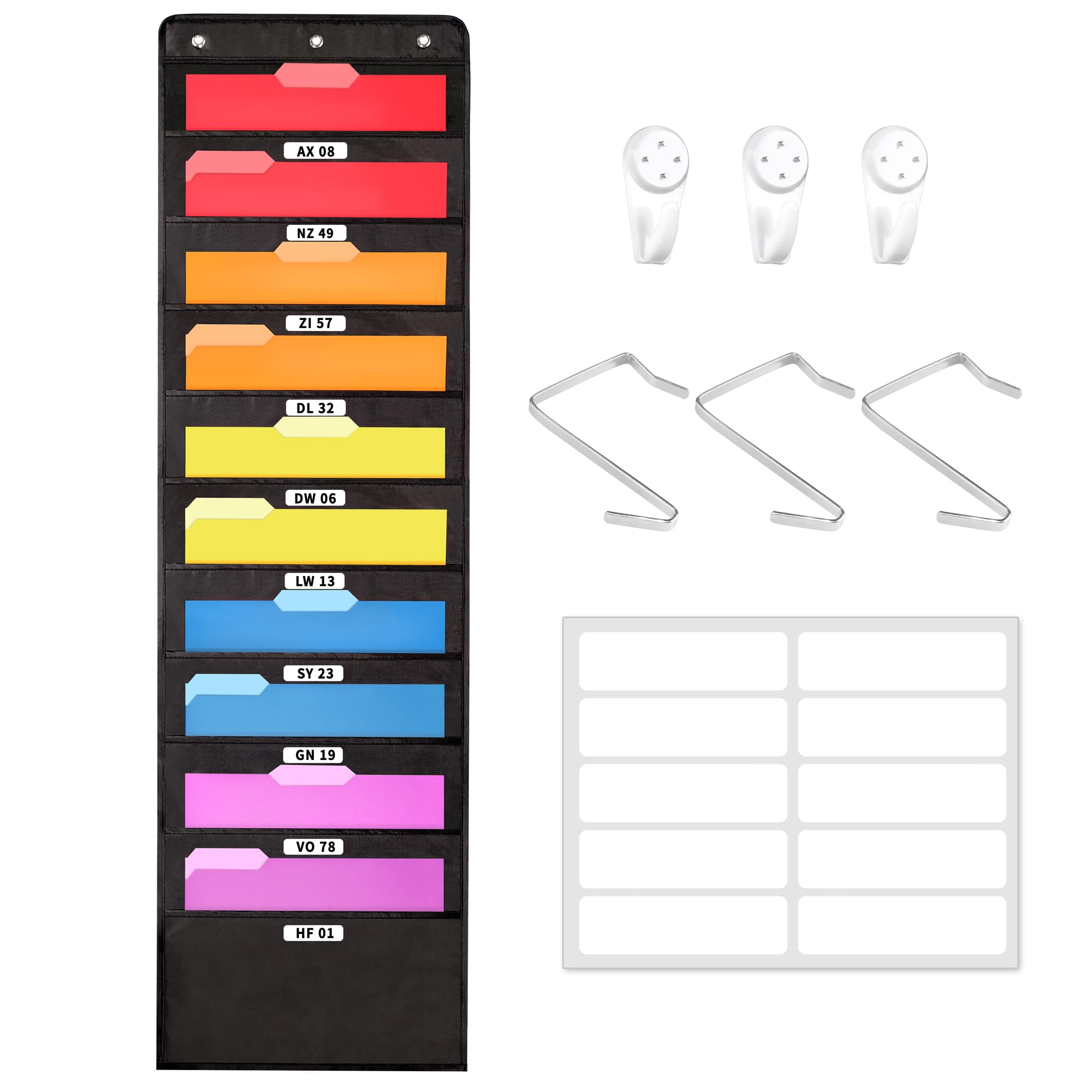 Annecy 10 Pockets Hanging Wall File Organizer, Black Storage Pocket Chart for File Folder and Paper, Space Saver for Office and Classroom, with Wall Hangers, Over The Door Hooks, Labels