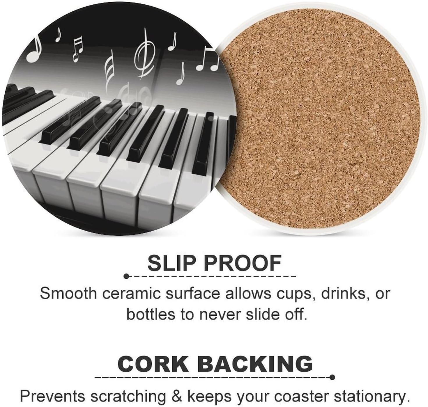Piano Music Symbol Coasters Round Coasters Set Ceramic Stone Coaster with Cork Base Coffee Cup Beverage Cup Mat Cute Funny Table Drinks Coaster for Mugs and Cups Office Kitchen