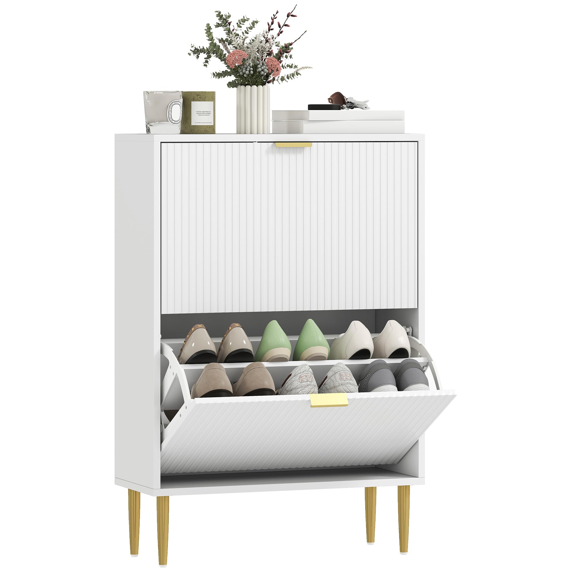 HOMCOM Scarpiera Salvaspazio Slim con 2 Ante Scanalate a Ribalta, Scarpiera Ingresso Moderna in Legno con Ripiani Regolabili su 2 Livelli, Porta Scarpe per 12 Paia con Maniglia, 60x24x91.5 cm, Bianco