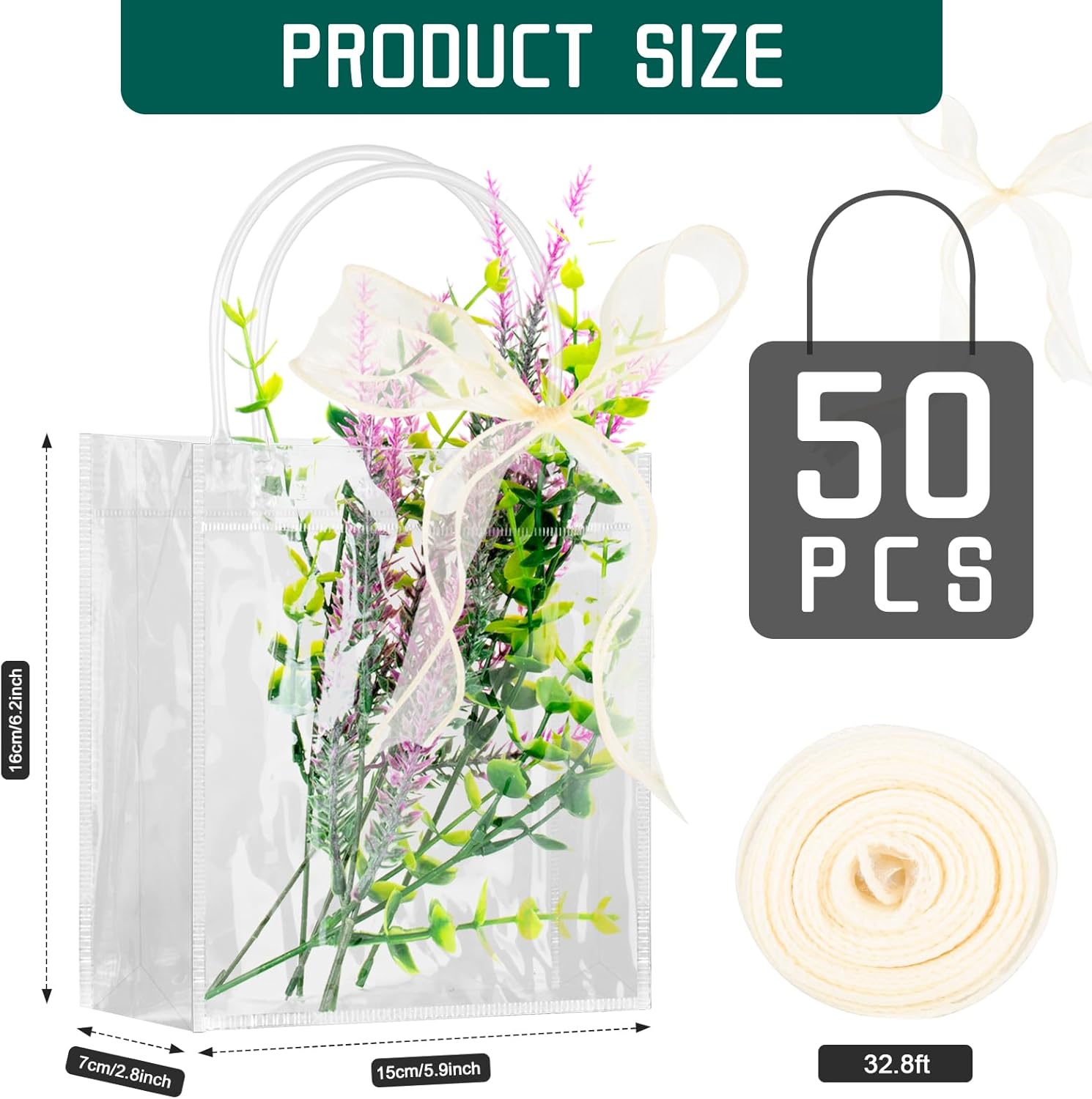 Takytao 50 Pcs Clear Gift Bags with Handles, 5.9 x 2.8 x 6.3 In, Small Gift Bags Plastic Clear Bags with Champagne Ribbon Reusable Goodie Bags Party Favor bags Bulk for Weddings Birthday Baby Shower - Image 2