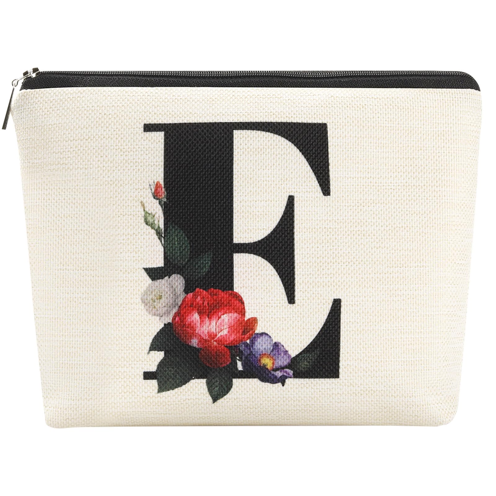 E Cosmetic Bags Personalized Gift for Women Initial Makeup Bag Cute Letter Bags with Flower Travel Toiletries Zipper Pouch Monogram Letter Bag for Women Mom (E)
