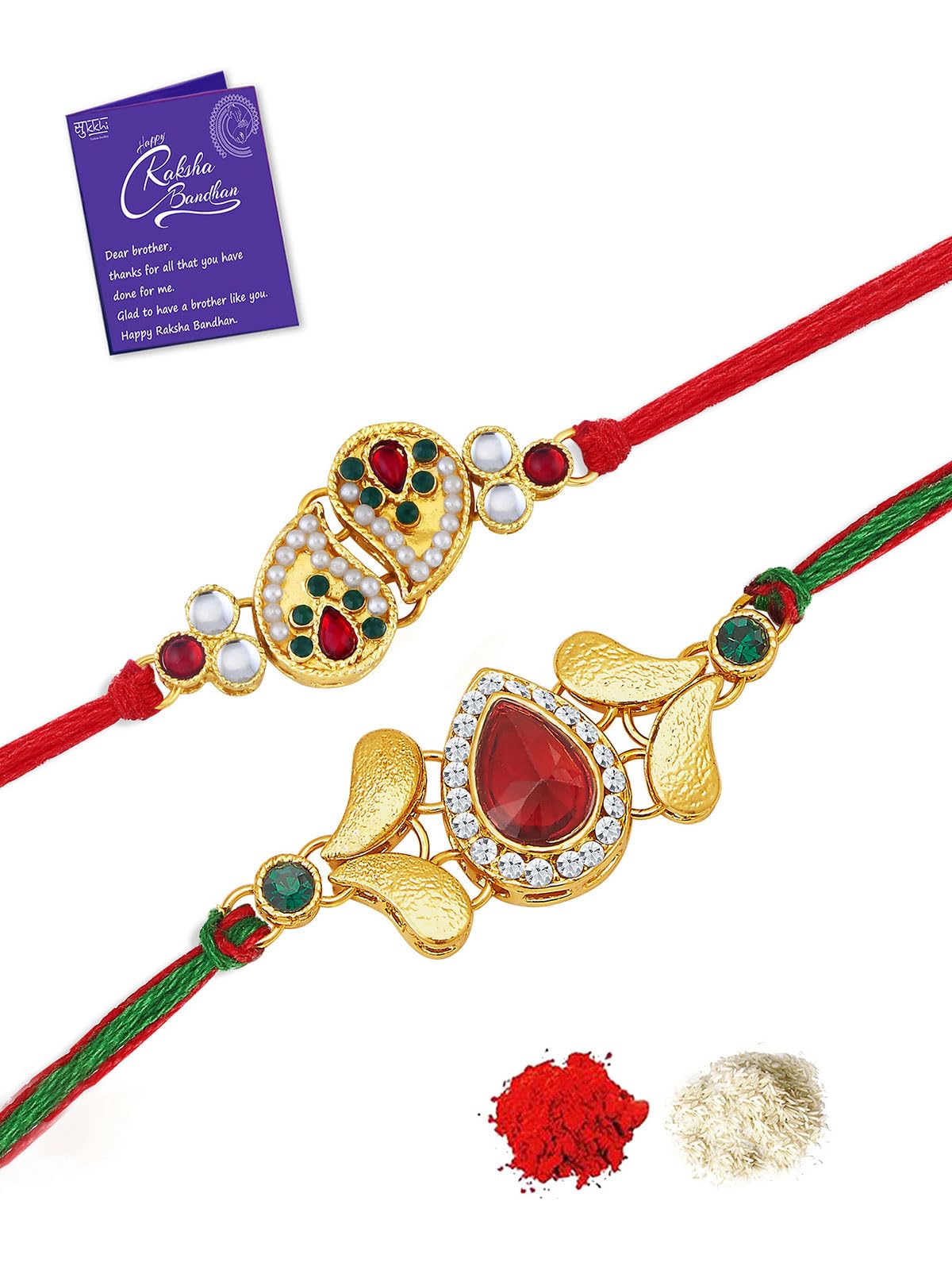 Sukkhi Rakhi Elegant Kundan Rakhi Combo & Designer Gold Plated Premium Rakhi for Brother, Roli Chawal & Greeting Card|Rakhi for Bhaiya|Rakhi for MEN|Kundan Rakhi|Rakhi Combo-Set of 2 |CBRAK105013 (B0C7W4PQYM) Amazon Price History, Amazon Price Tracker