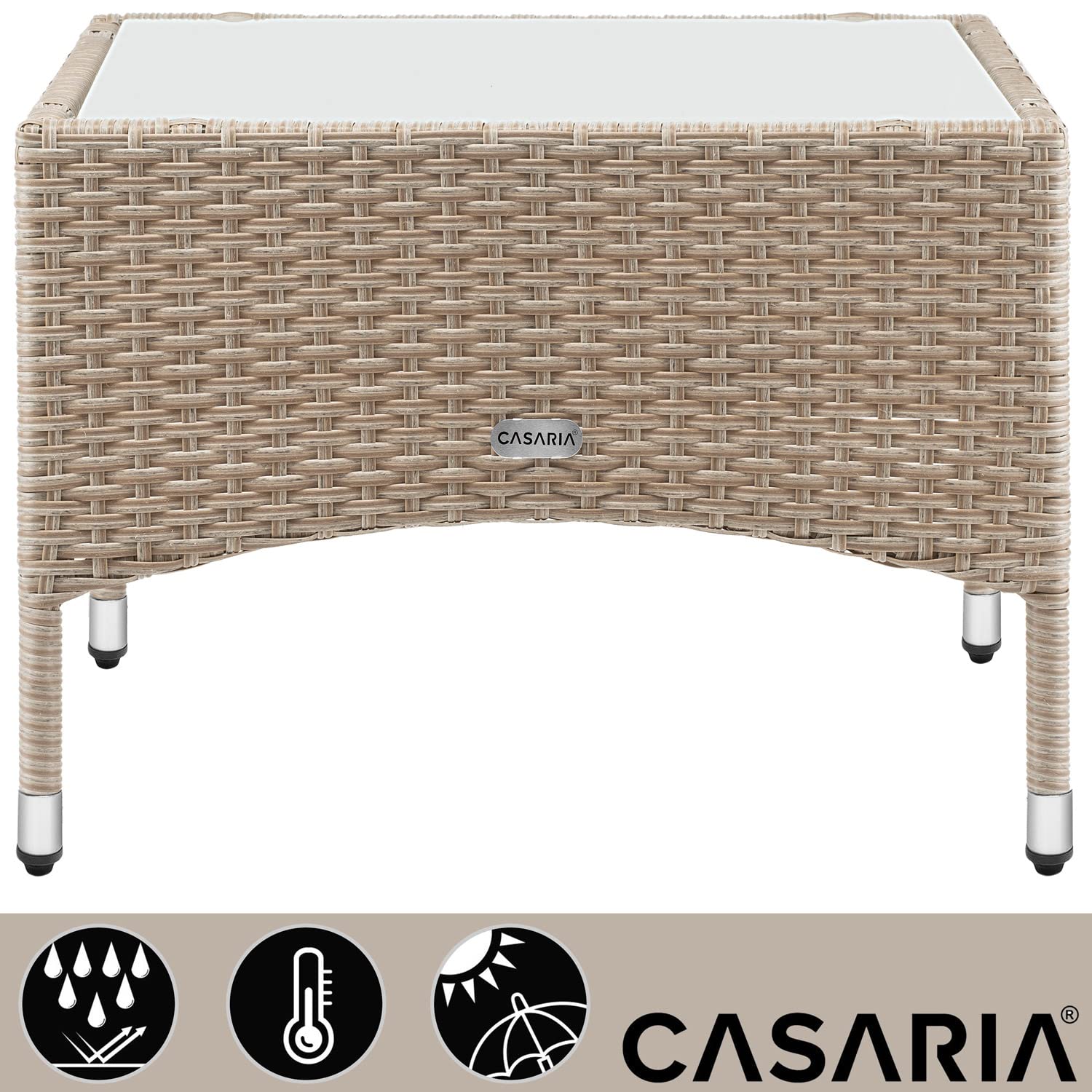 CASARIA® Mesita de Centro Poliratán 58x58x42cm Carga hasta 80Kg Mesa Auxiliar Jardín Ajustable en Altura Tablero Vidrio Resistente Intemperie Crema