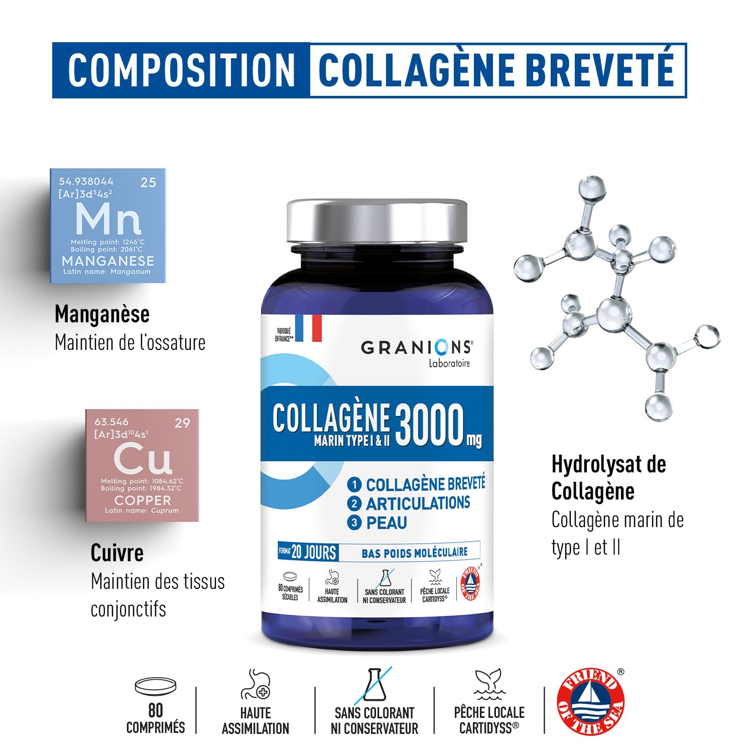 COLLAGÈNE MARIN 3000 MG GRANIONS - Collagène Marin Hydrolysé Type I & II - Avec Cuivre et Manganèse - Peptides de Collagène - Complément Alimentaire - 80 comprimés