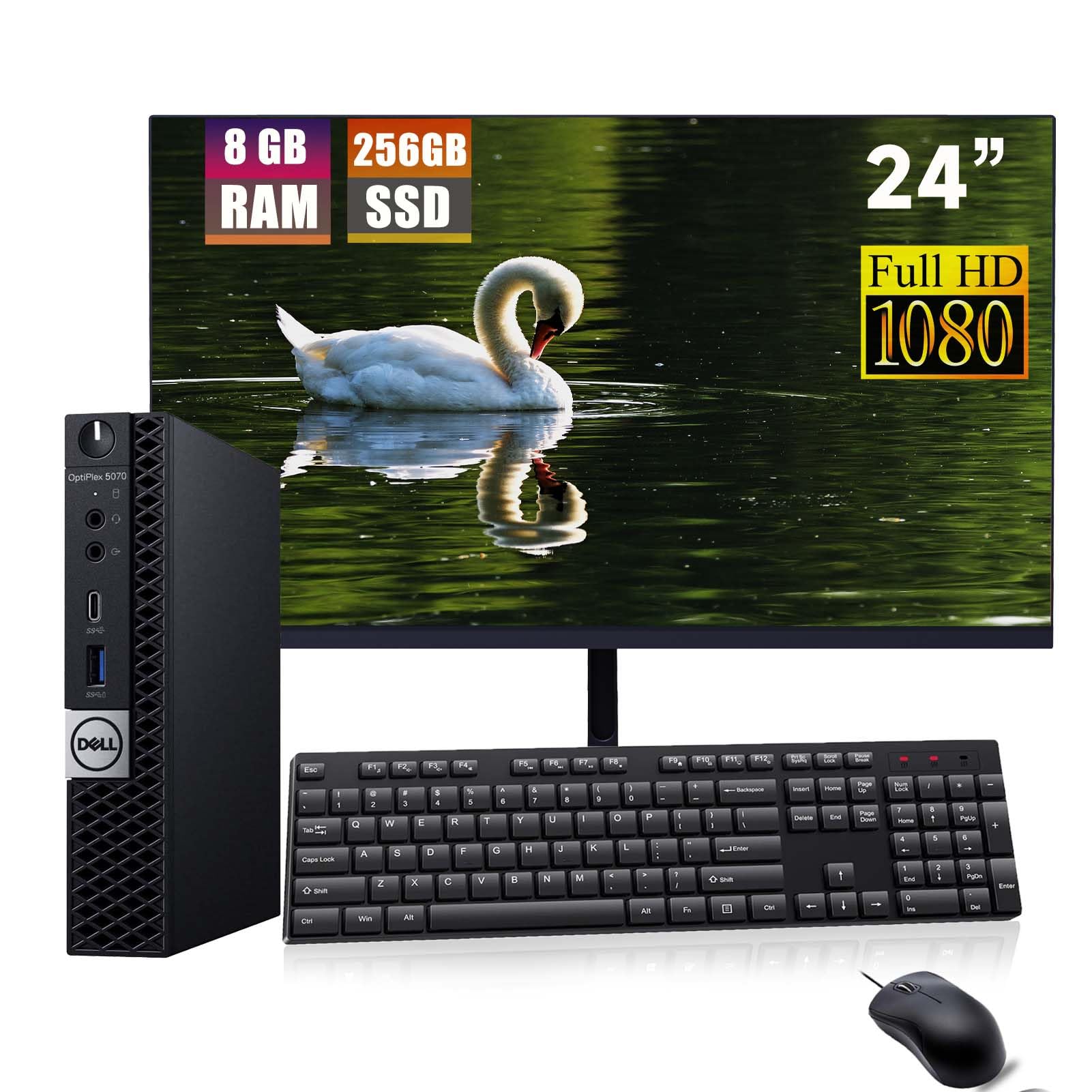 Dell OptiPlex 5070 Mini avec Un écran de 24" FHD Ordinateur de Bureau, Intel Core i5-8500T, 8 Go de RAM, SSD de 256 Go, Wi-FI, Bluetooth, Clavier QWERTY américain, Windows 11 Pro (Reconditionné)