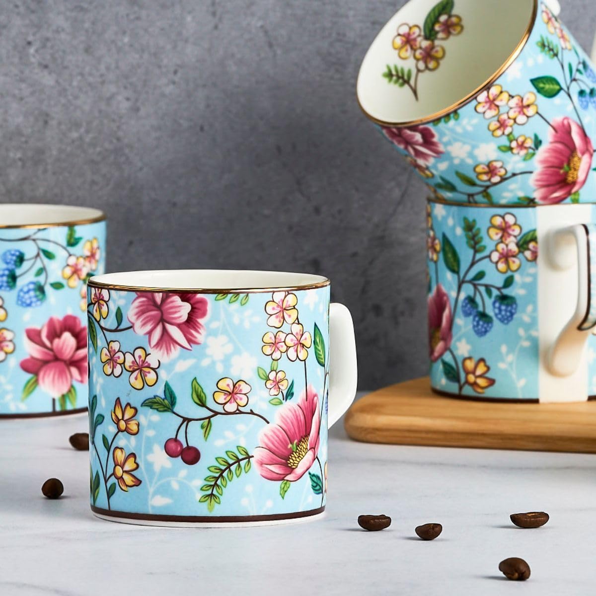 GOLDEN QUEEN'S Handcrafted Tea Cups - Set of 6 | Ideal for Everyday Tea and Coffee, Enhancing Your Daily Rituals (Blush Blossom in Blue)-image-8
