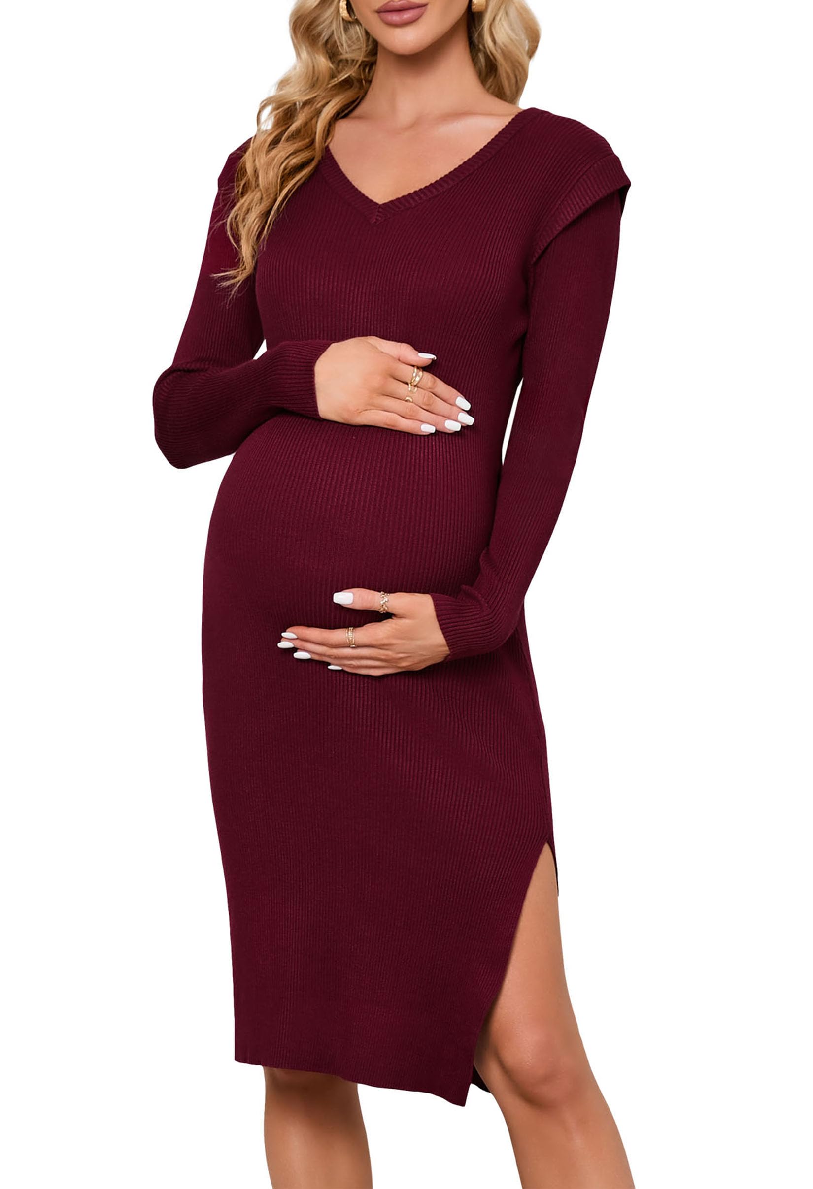 Women's Ribbed Scoop Neck Maternity Dress - Long Sleeve Bodycon With Lettuce Trim For Pregnancy - View #6