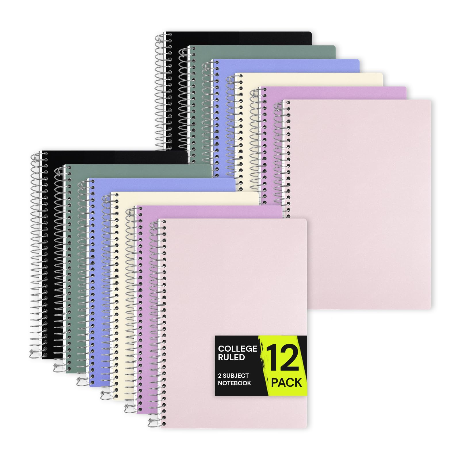 ONAVIA Quaderno a spirale per 2 soggetti, confezione da 12, a righe universitarie, 15,2 x 24,1 cm, 100 fogli ciascuno, copertina in poliestere, per insegnanti, studio, compiti e test, colori assortiti